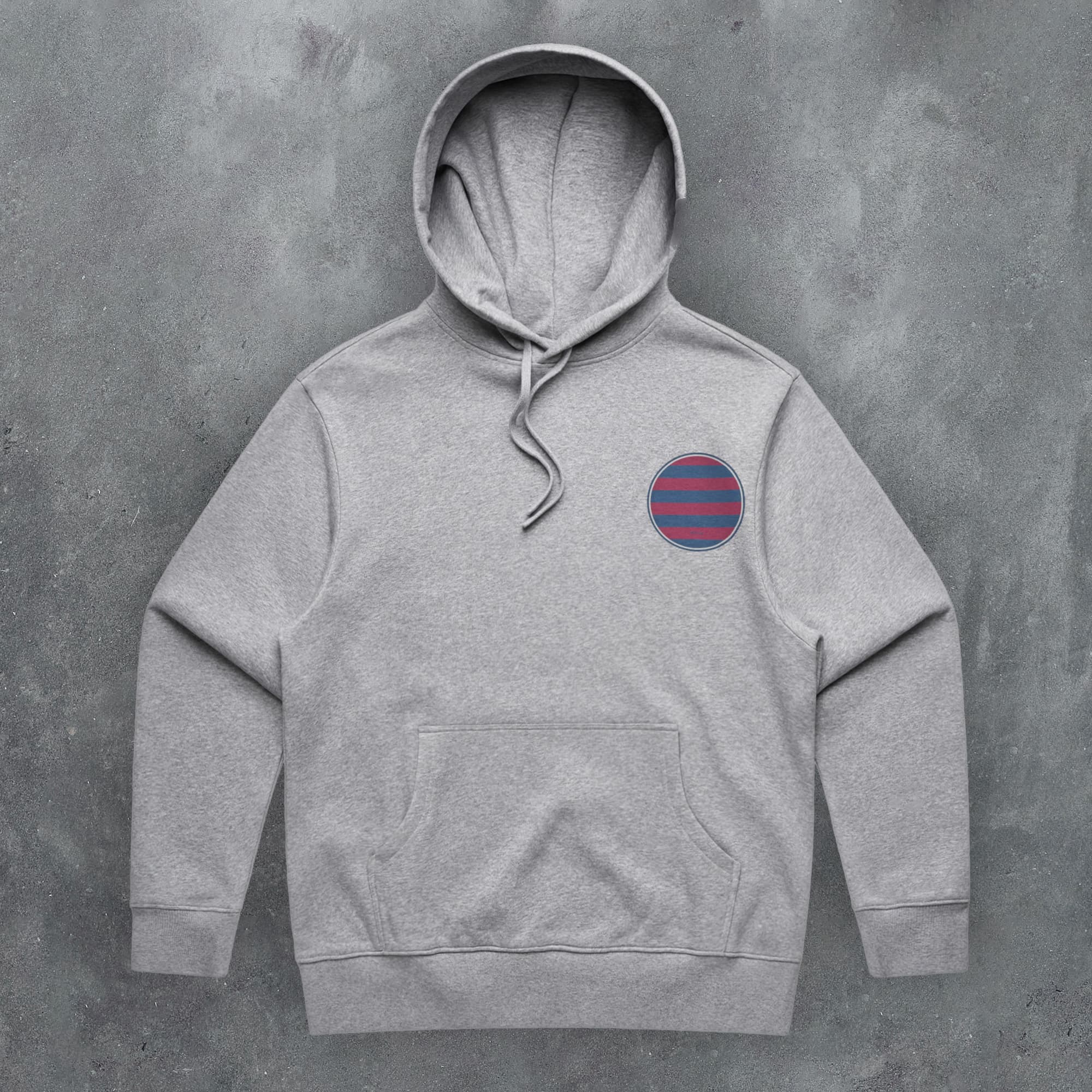 a grey hoodie with a red and blue circle on it