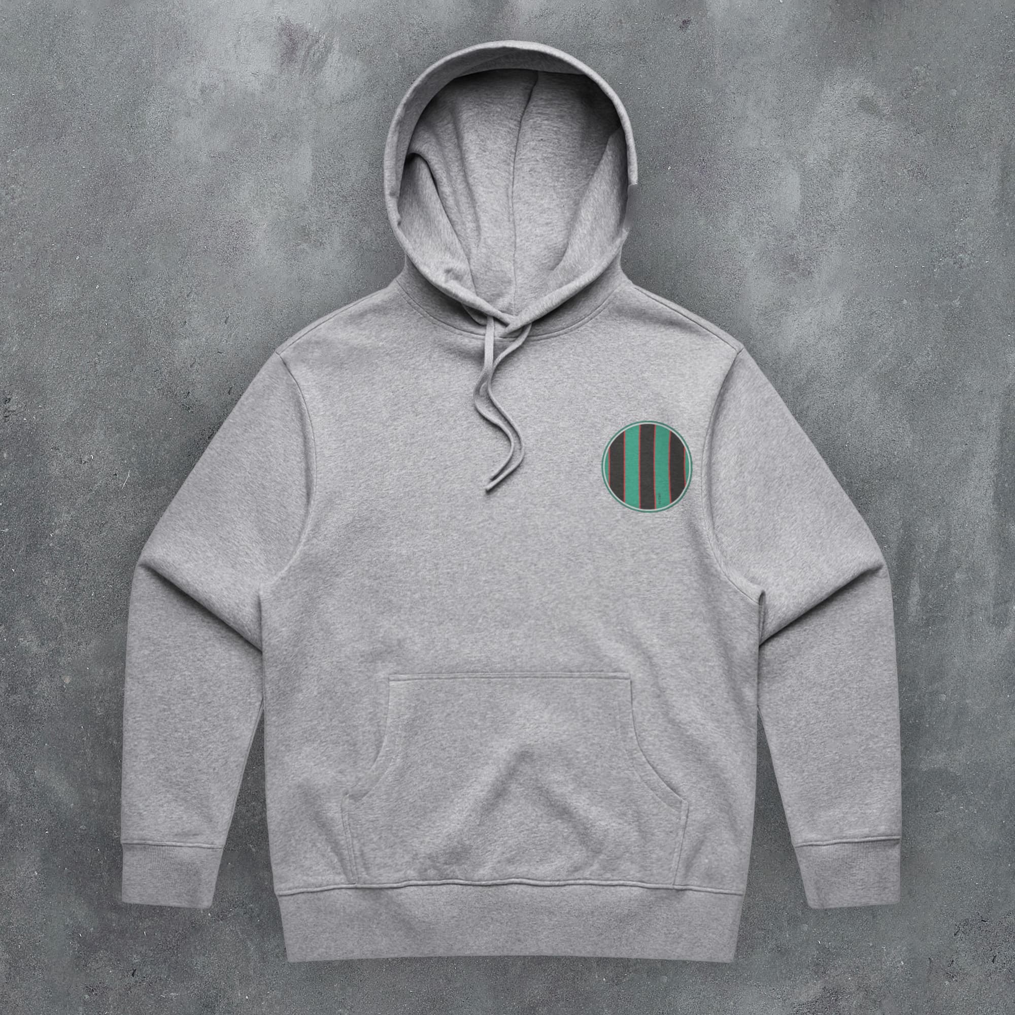 a grey hoodie with a green stripe on the front