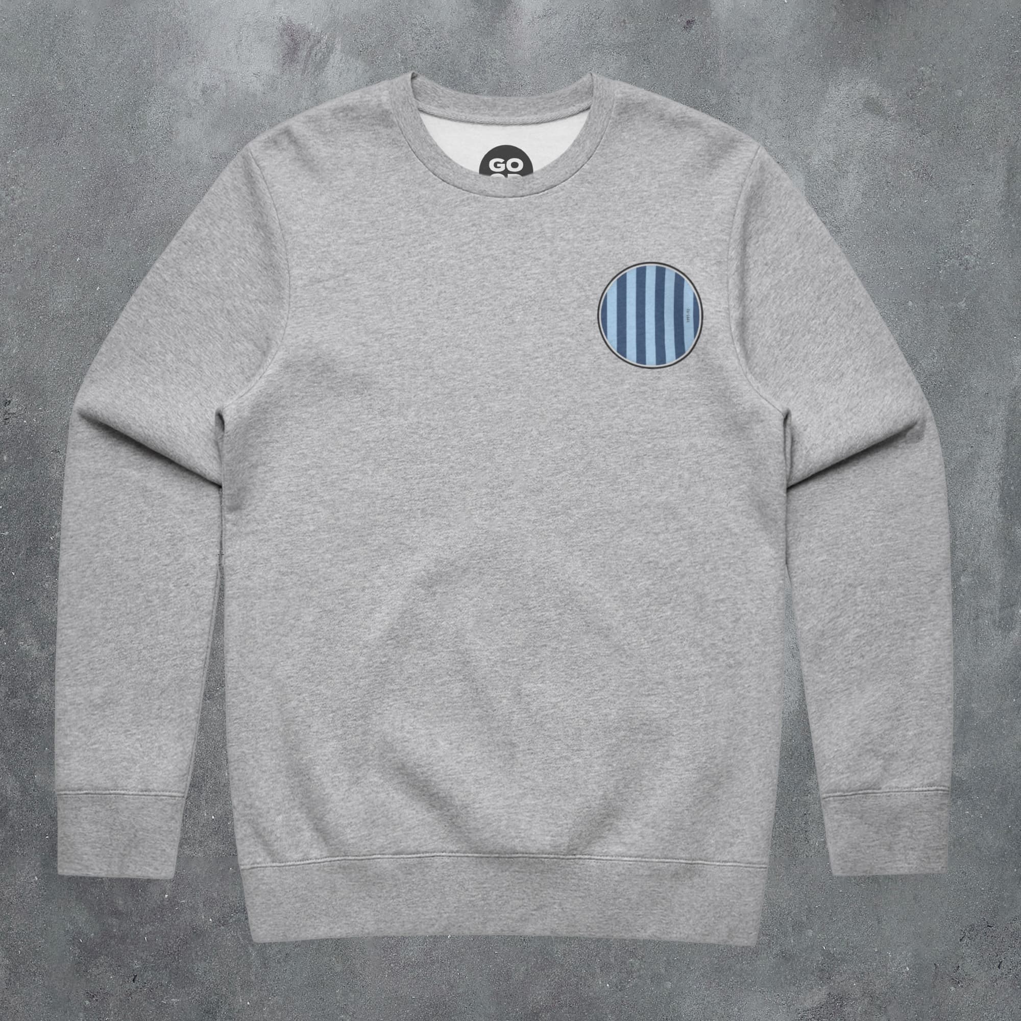 a grey sweatshirt with a blue circle on the front