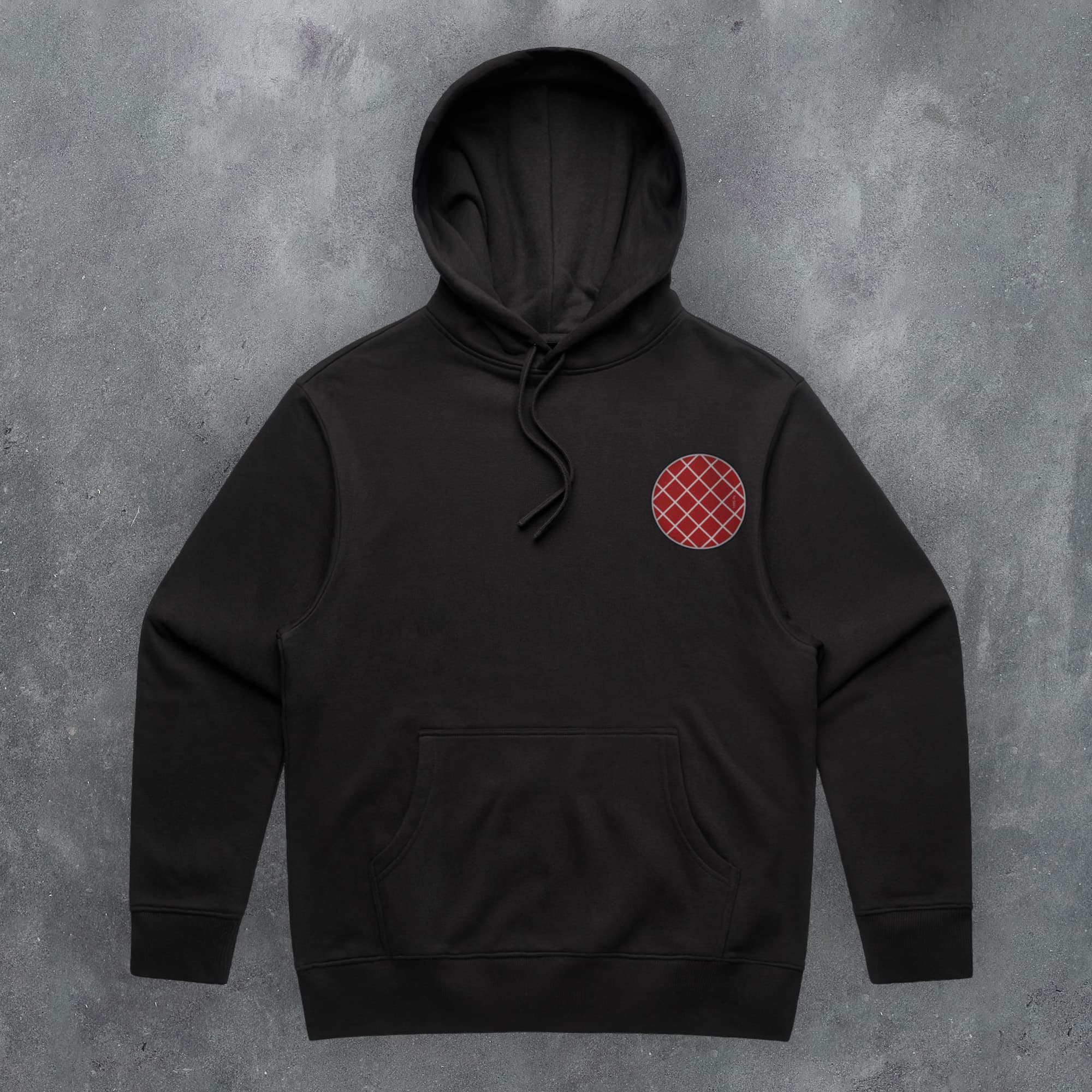 a black hoodie with a red checkered circle on it
