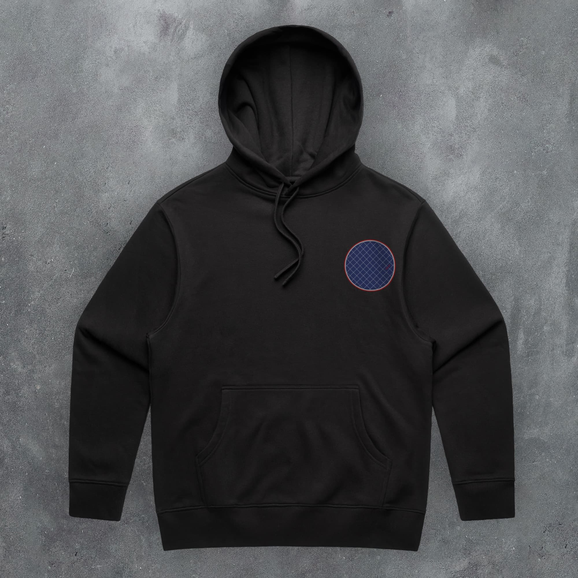 a black hoodie with a blue circle on it