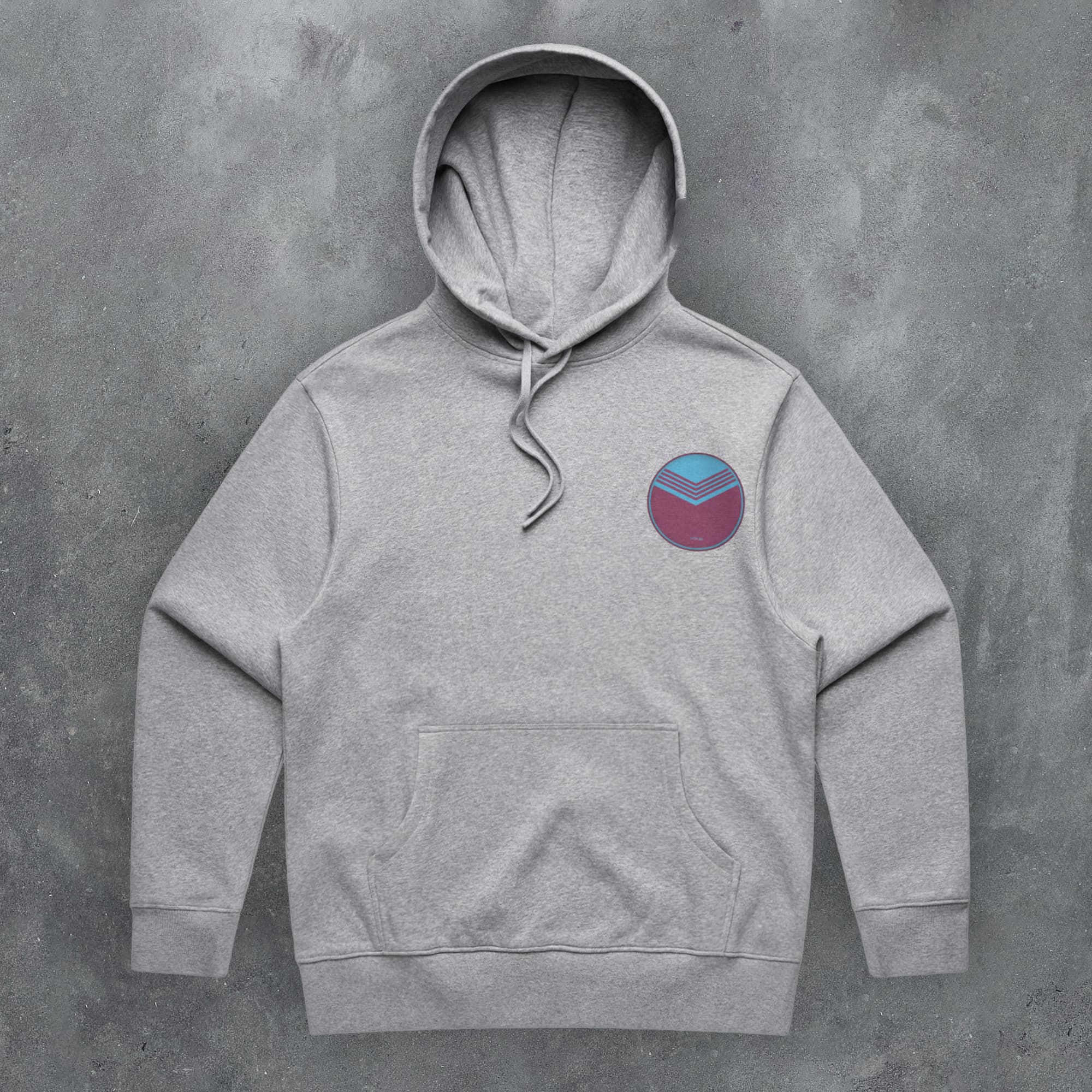 a grey hoodie with a blue and red circle on it