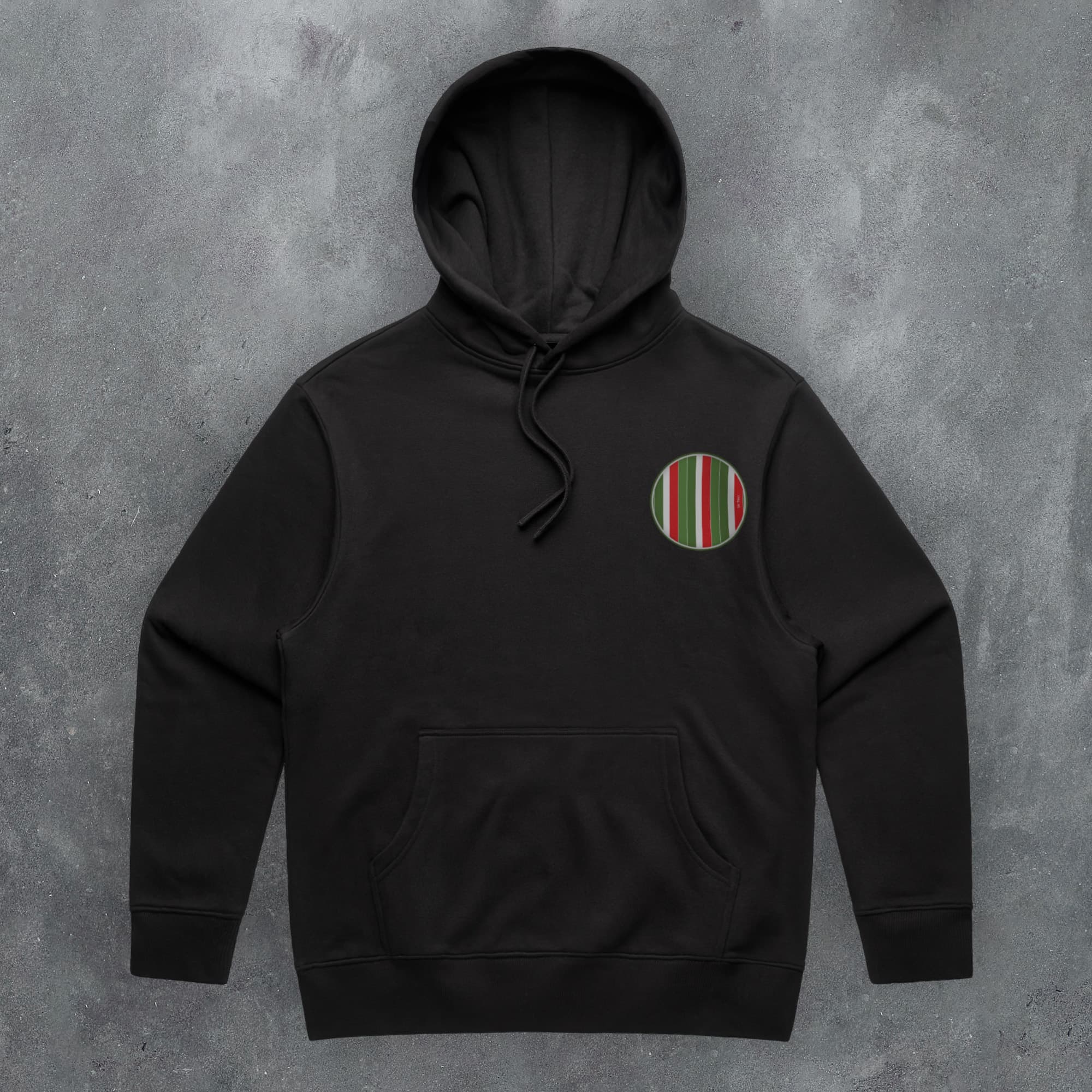 a black hoodie with a green and red stripe on the chest