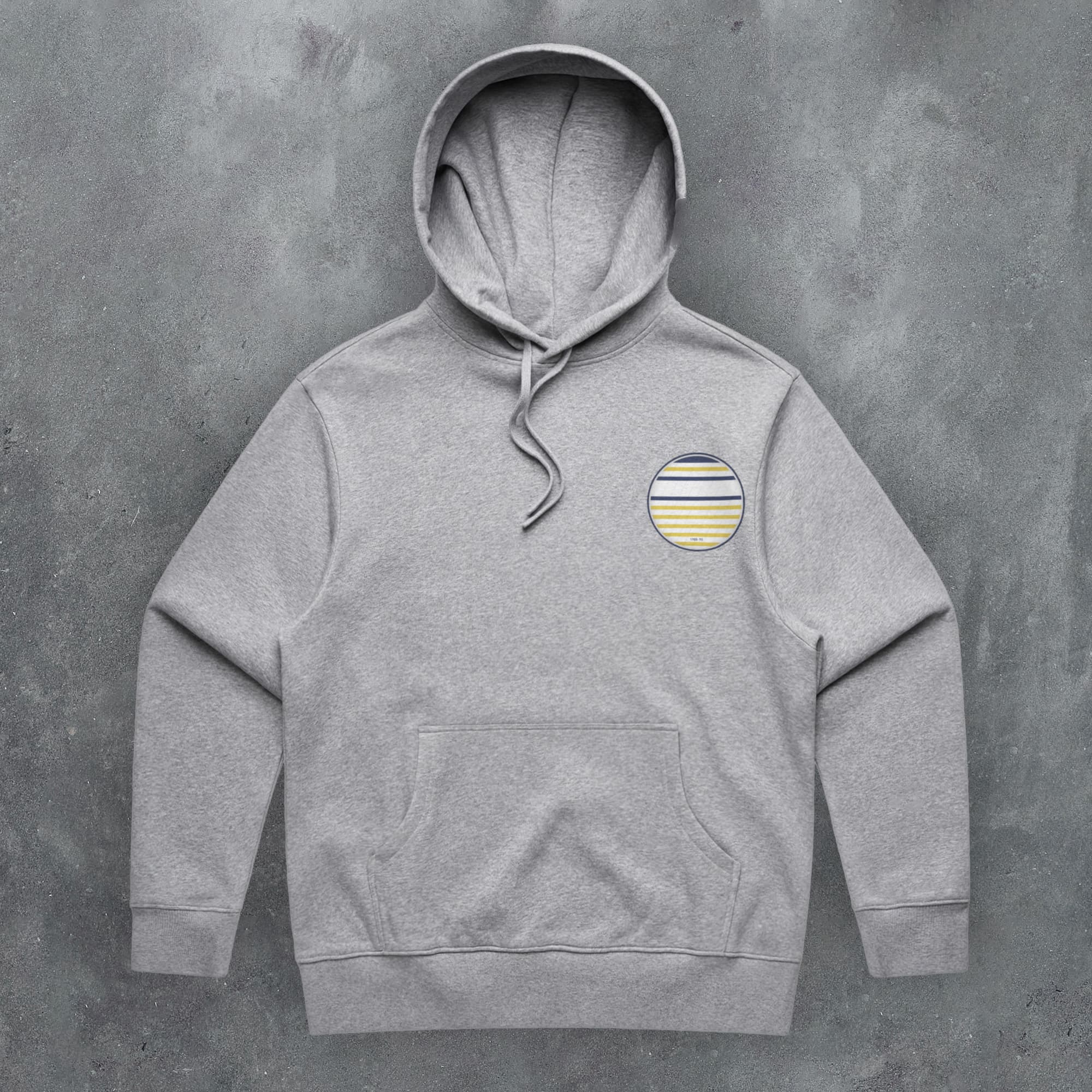 a grey hoodie with a yellow stripe on the chest