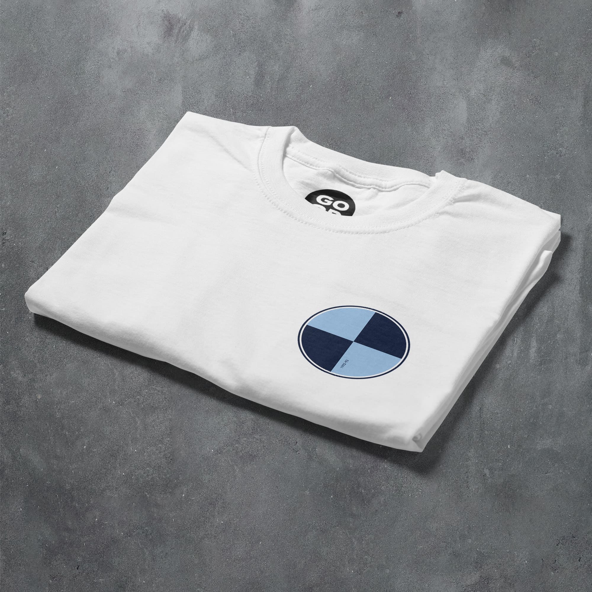 a white t - shirt with a blue and black logo