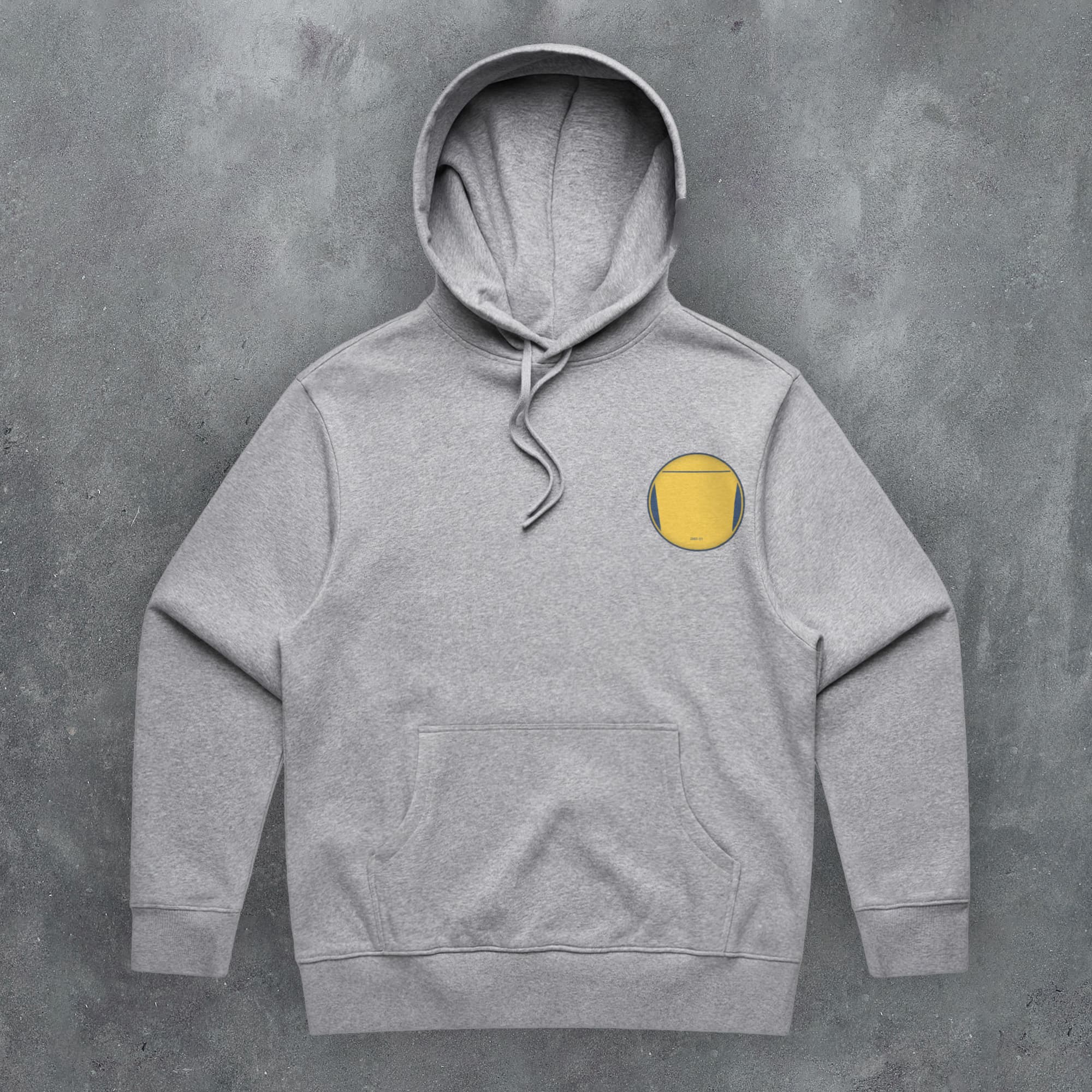 a grey hoodie with a yellow smiley face on it