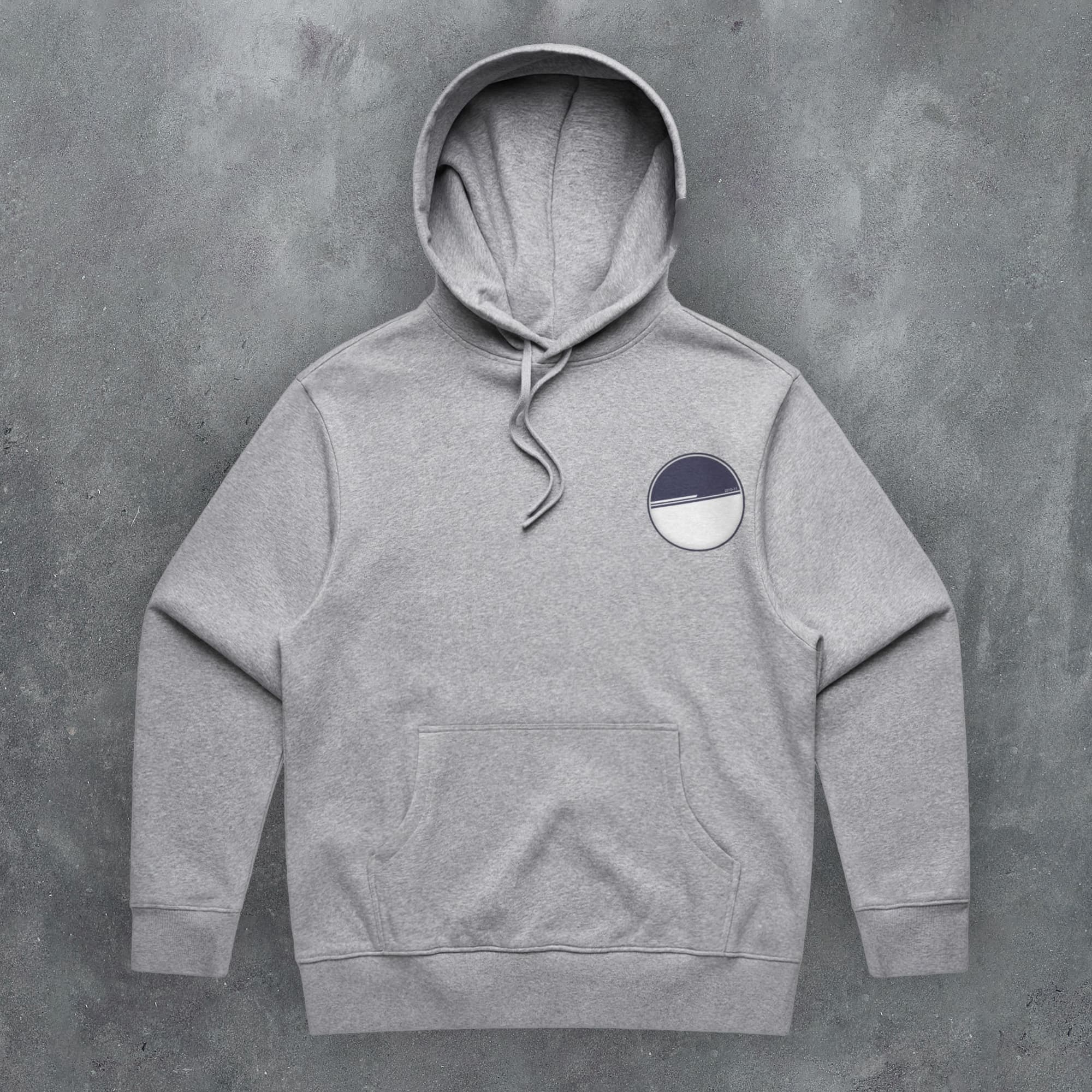 a grey hoodie with a white circle on it