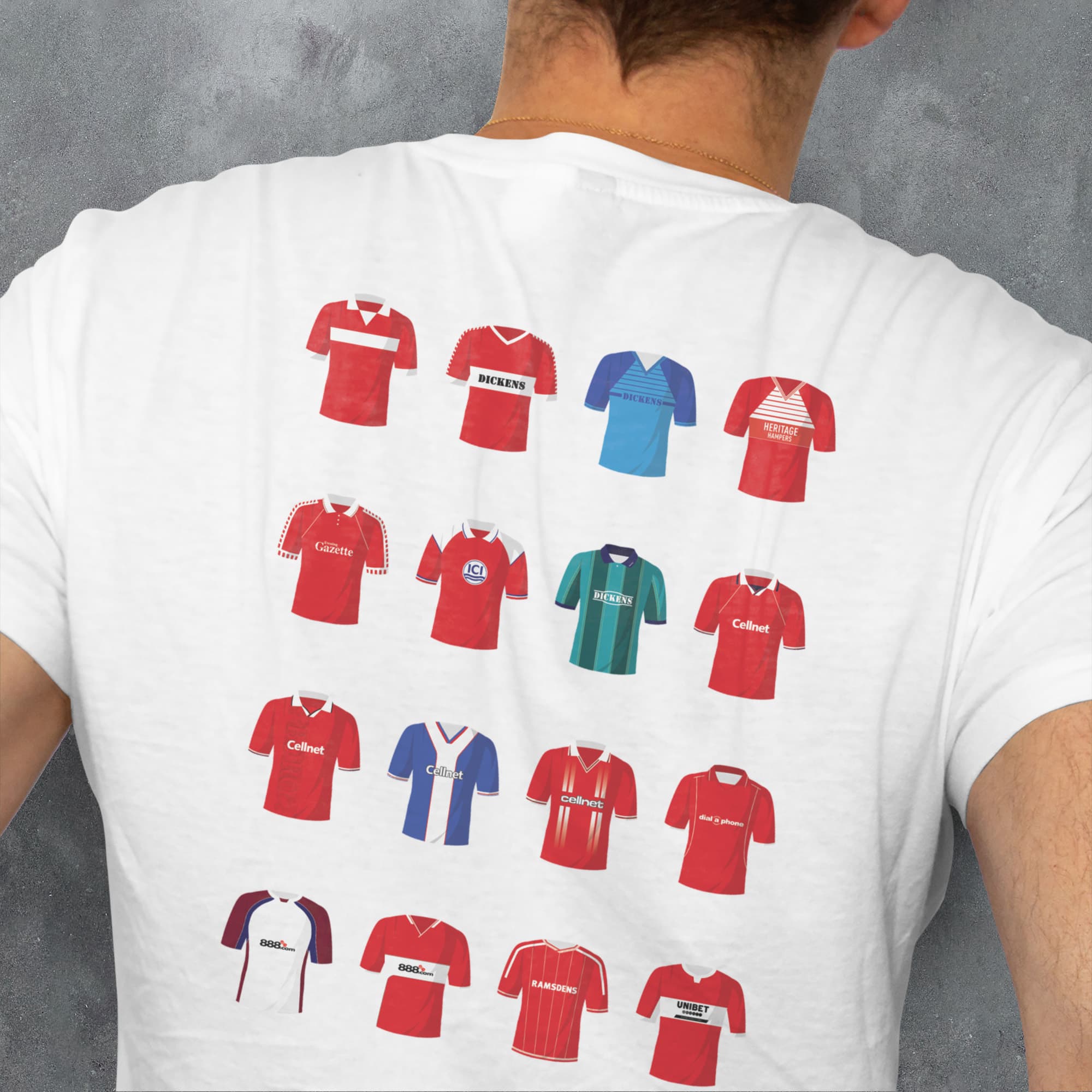 a man wearing a t - shirt with a bunch of different shirts on it