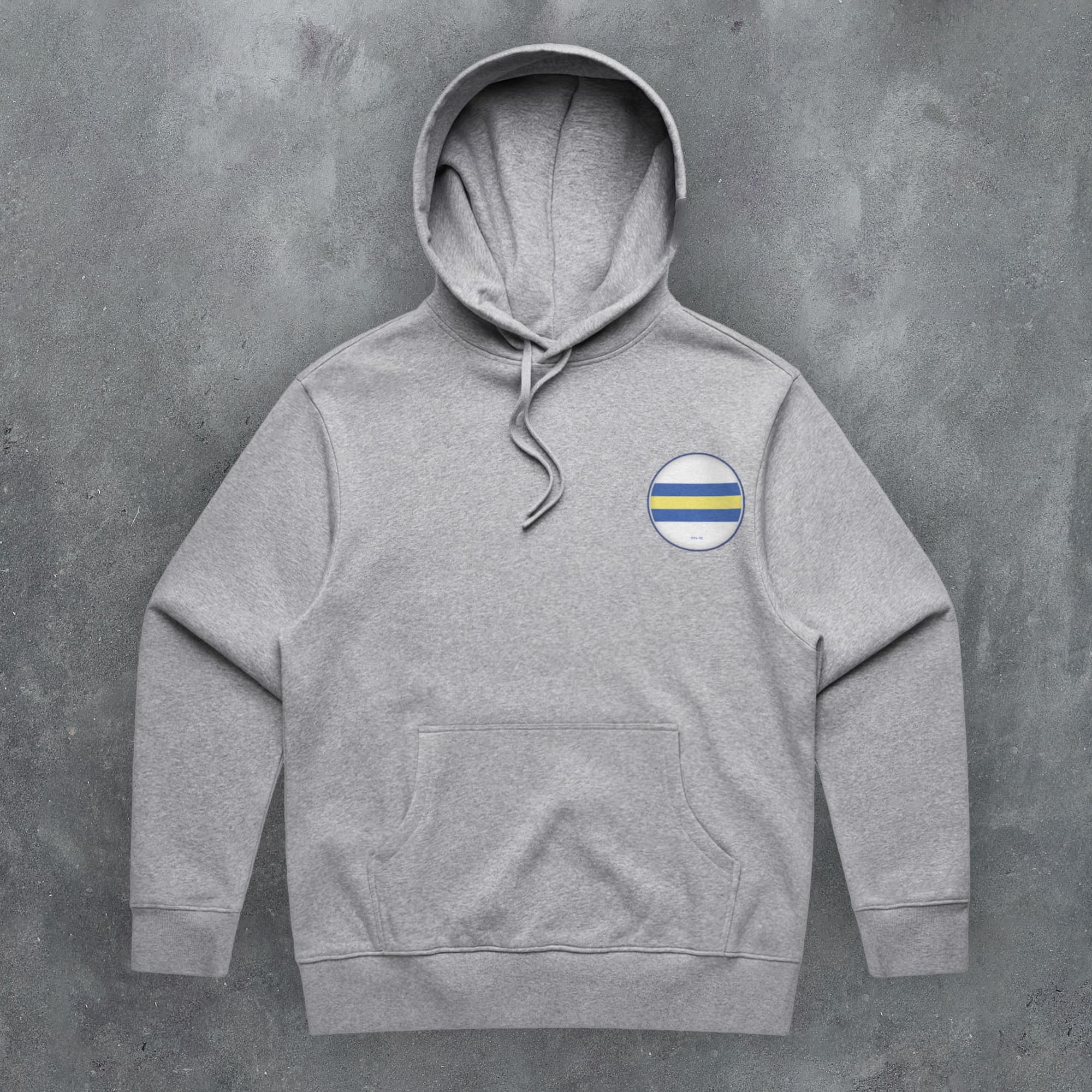 a grey hoodie with a blue and yellow stripe on it
