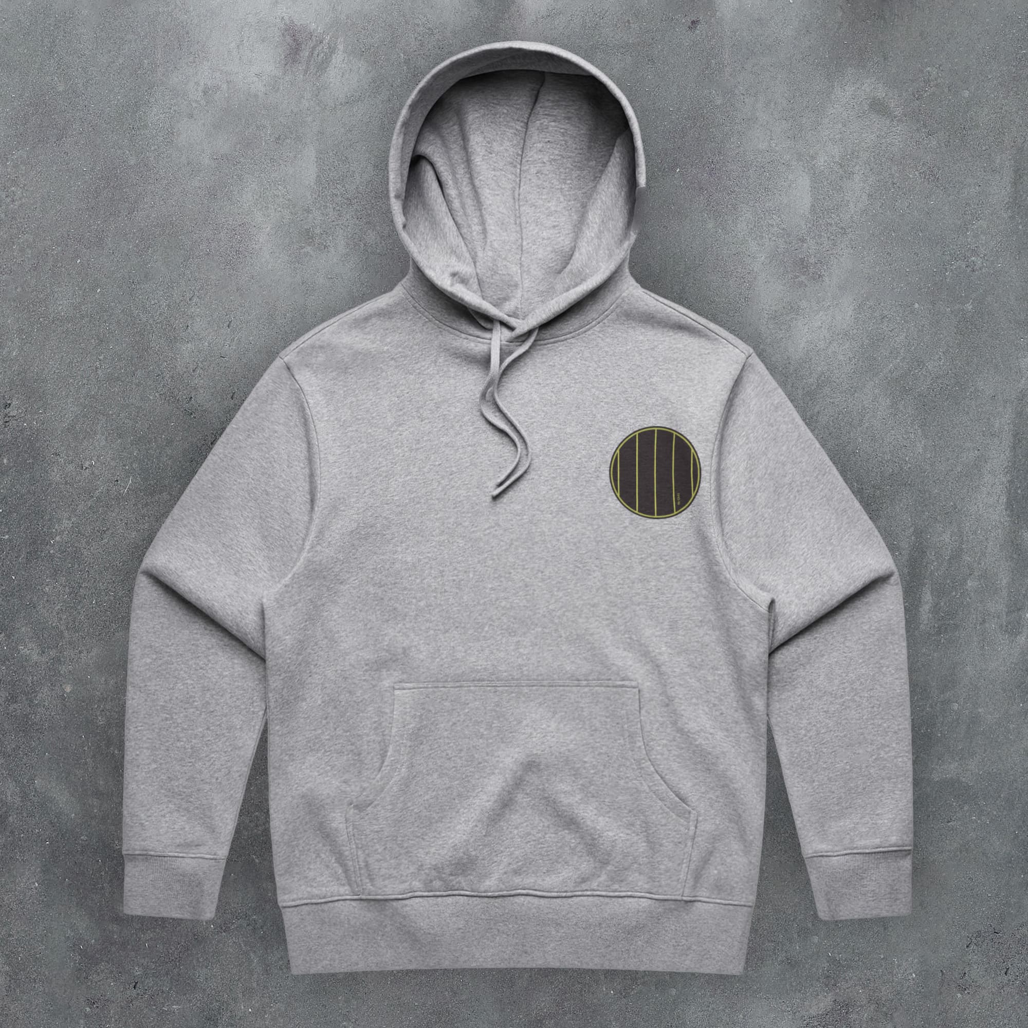 a grey hoodie with a brown stripe on the side