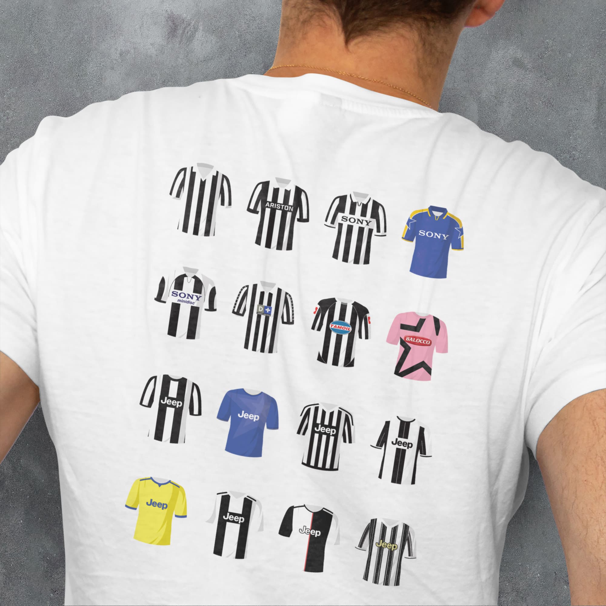 a man wearing a t - shirt with a number of different shirts on it