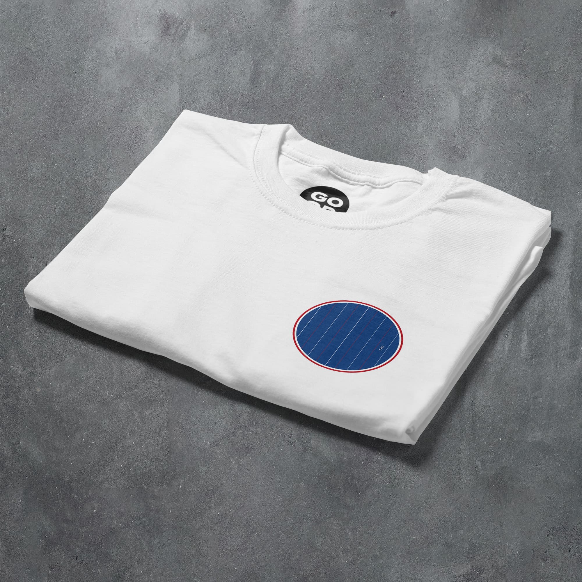 a white t - shirt with a blue circle on it