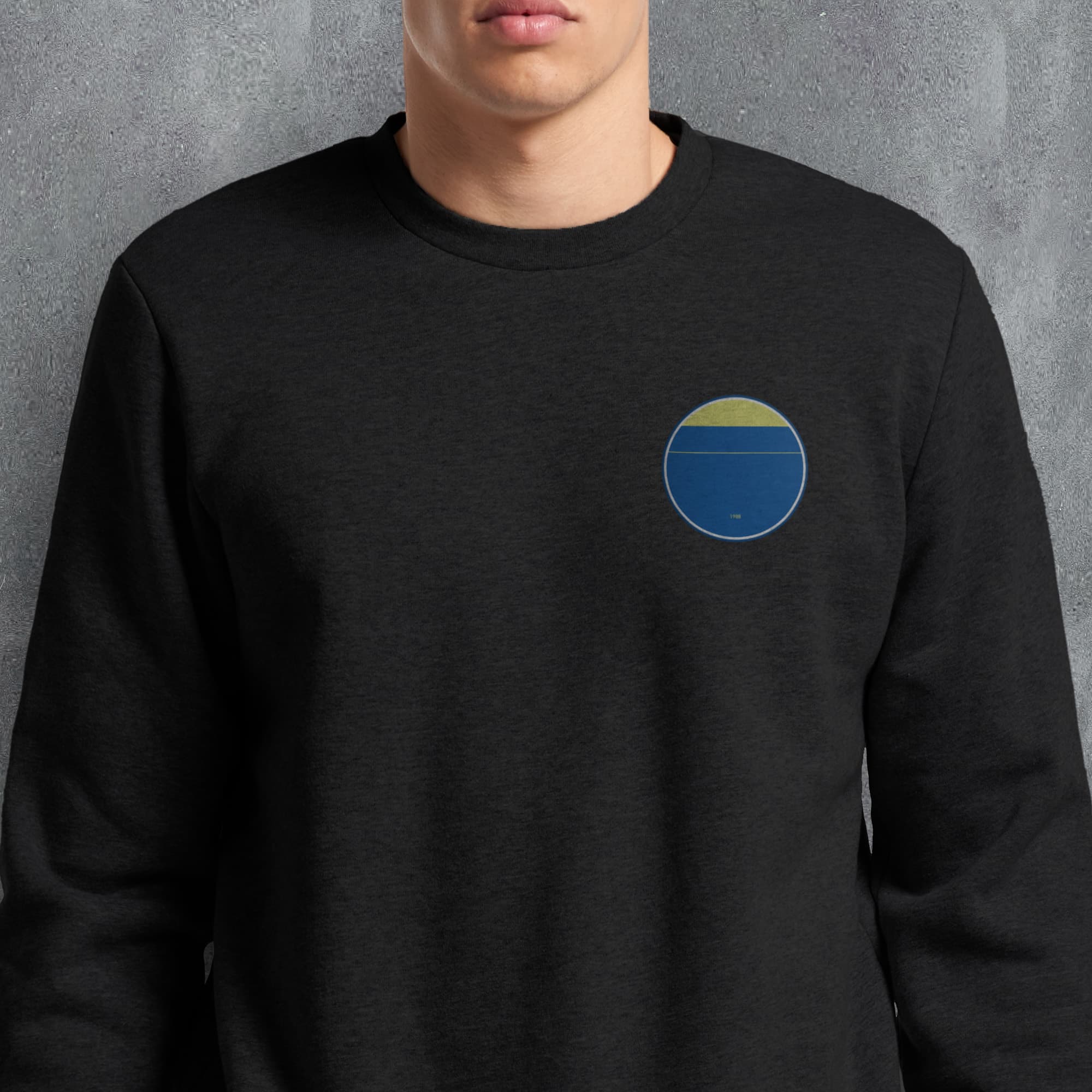 a man wearing a black sweatshirt with a blue and yellow circle on it