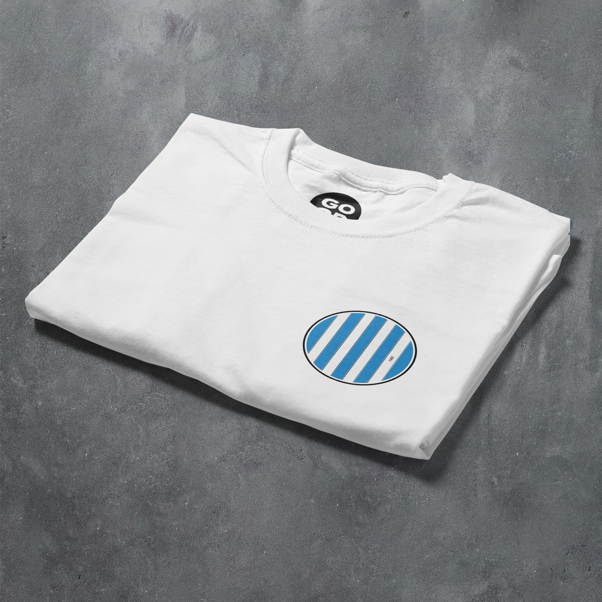 a white t - shirt with blue and white stripes on it
