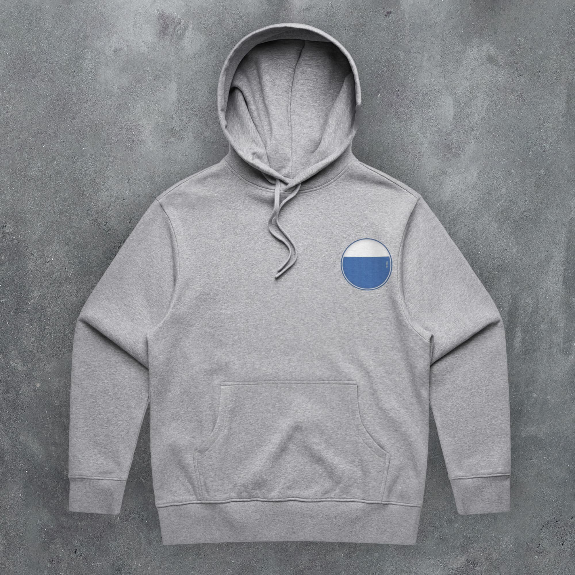 a grey hoodie with a blue circle on it