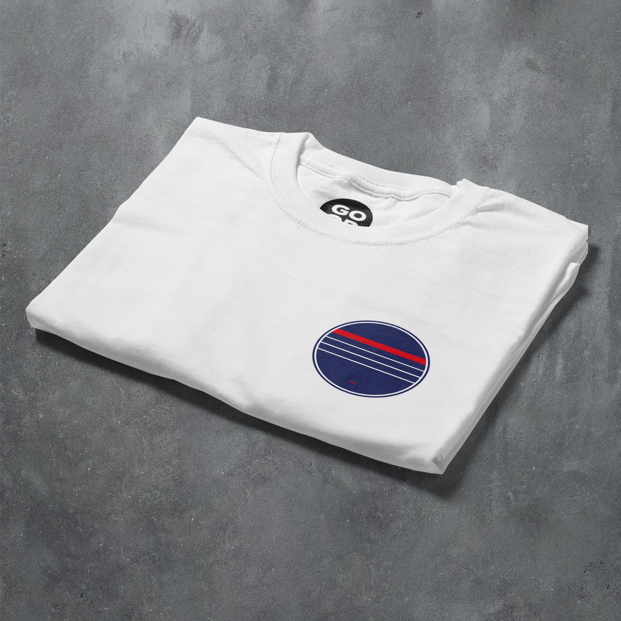 a white t - shirt with a red, white, and blue circle on the