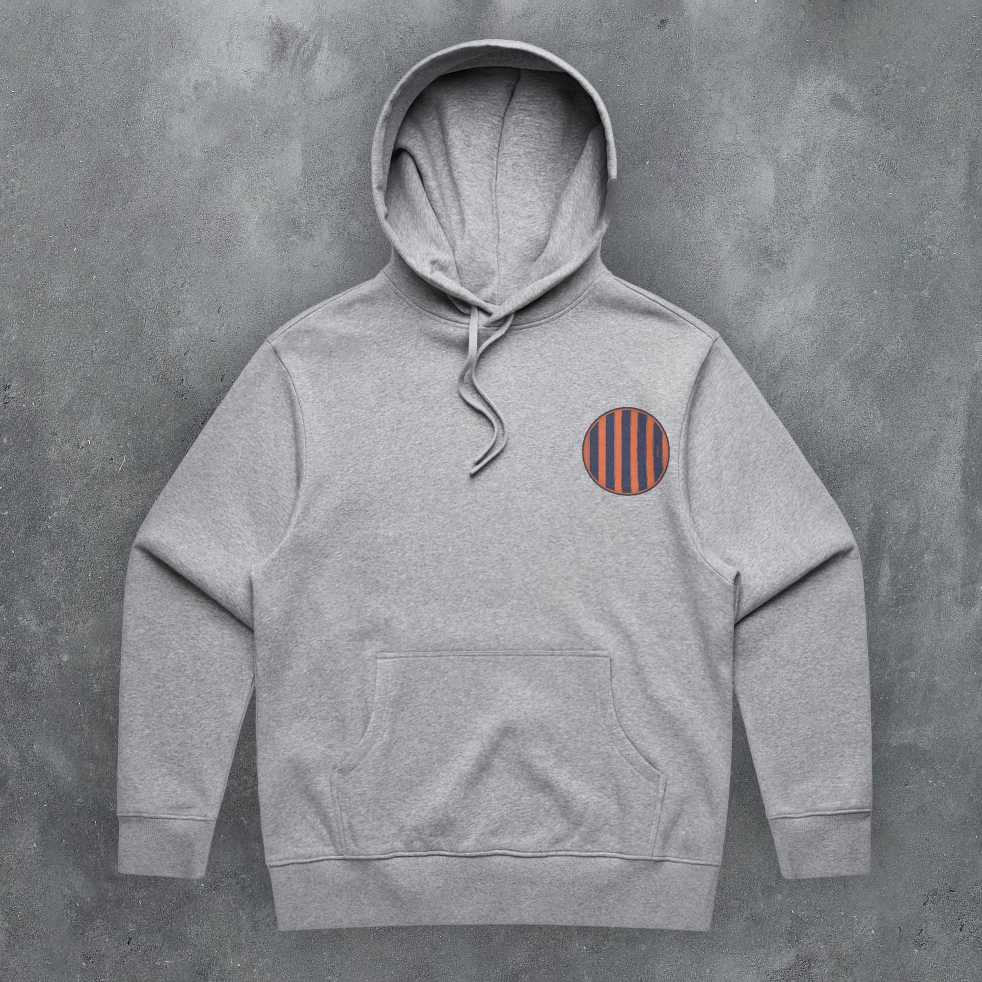 a grey hoodie with an orange stripe on the chest