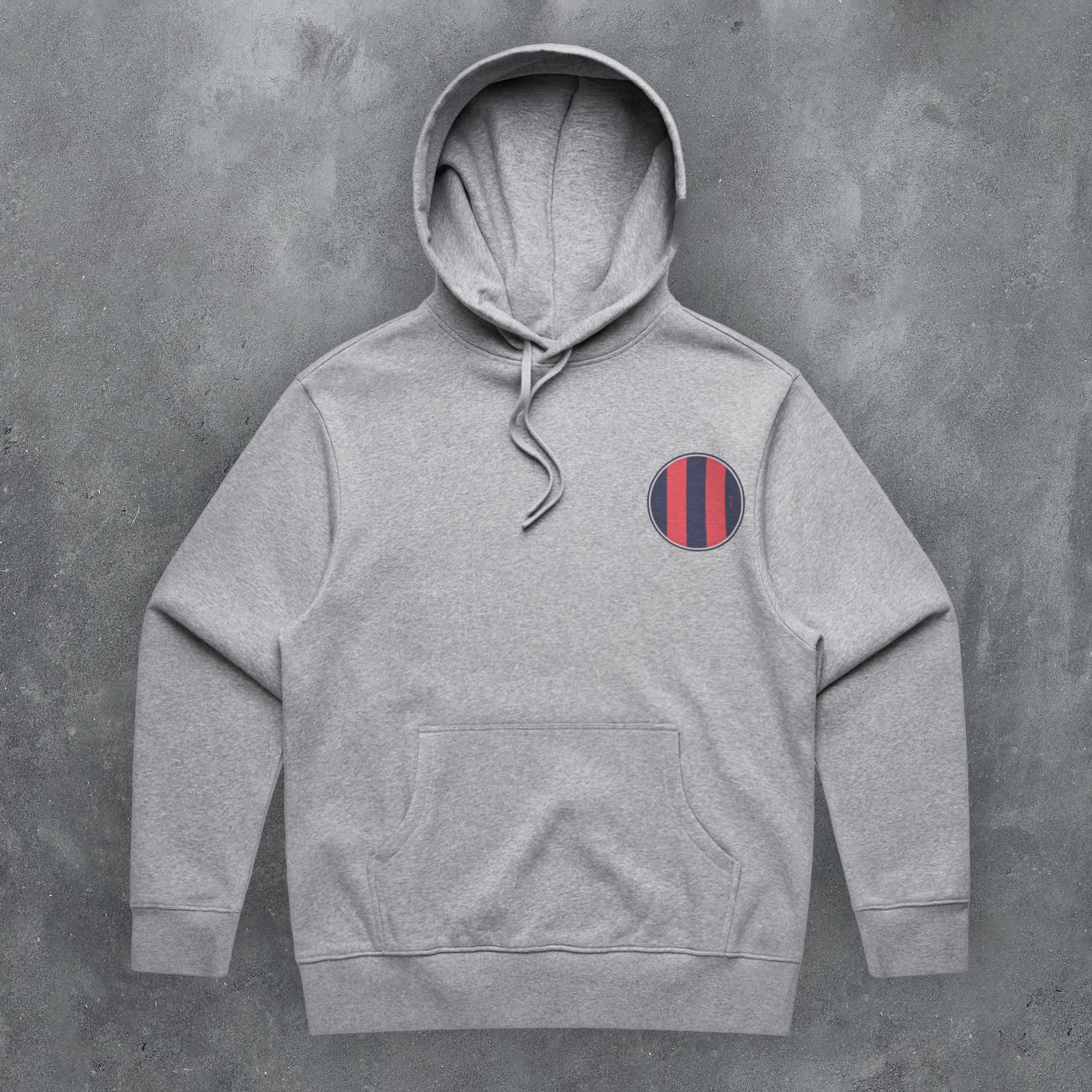 a grey hoodie with a red, white and blue stripe on it