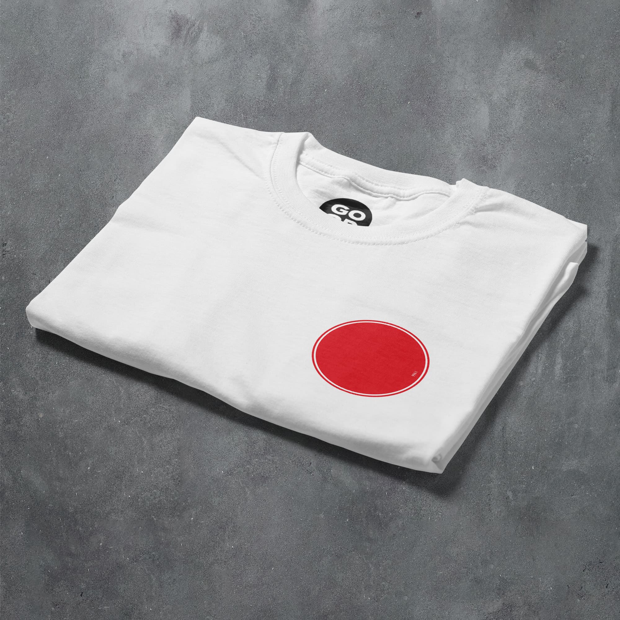 a white t - shirt with a red circle on it