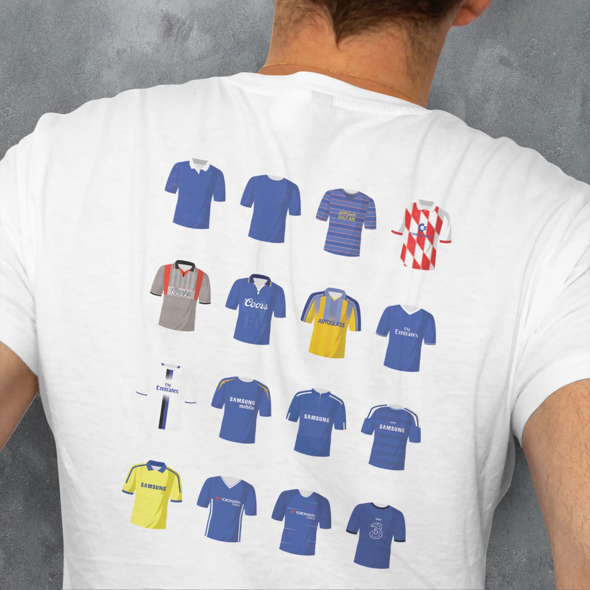 a man wearing a t - shirt with a bunch of different shirts on it