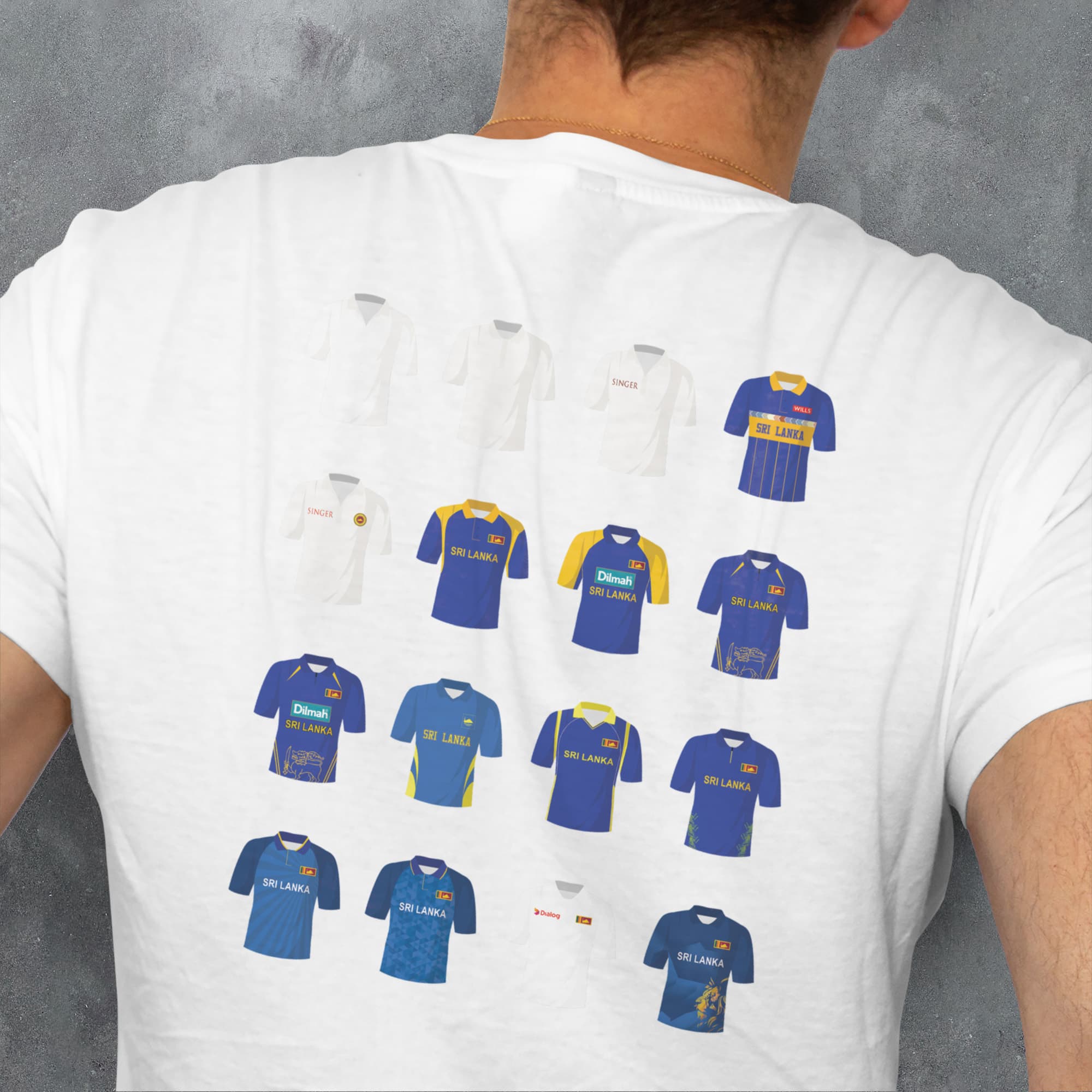 a man wearing a white t - shirt with a bunch of blue and yellow shirts