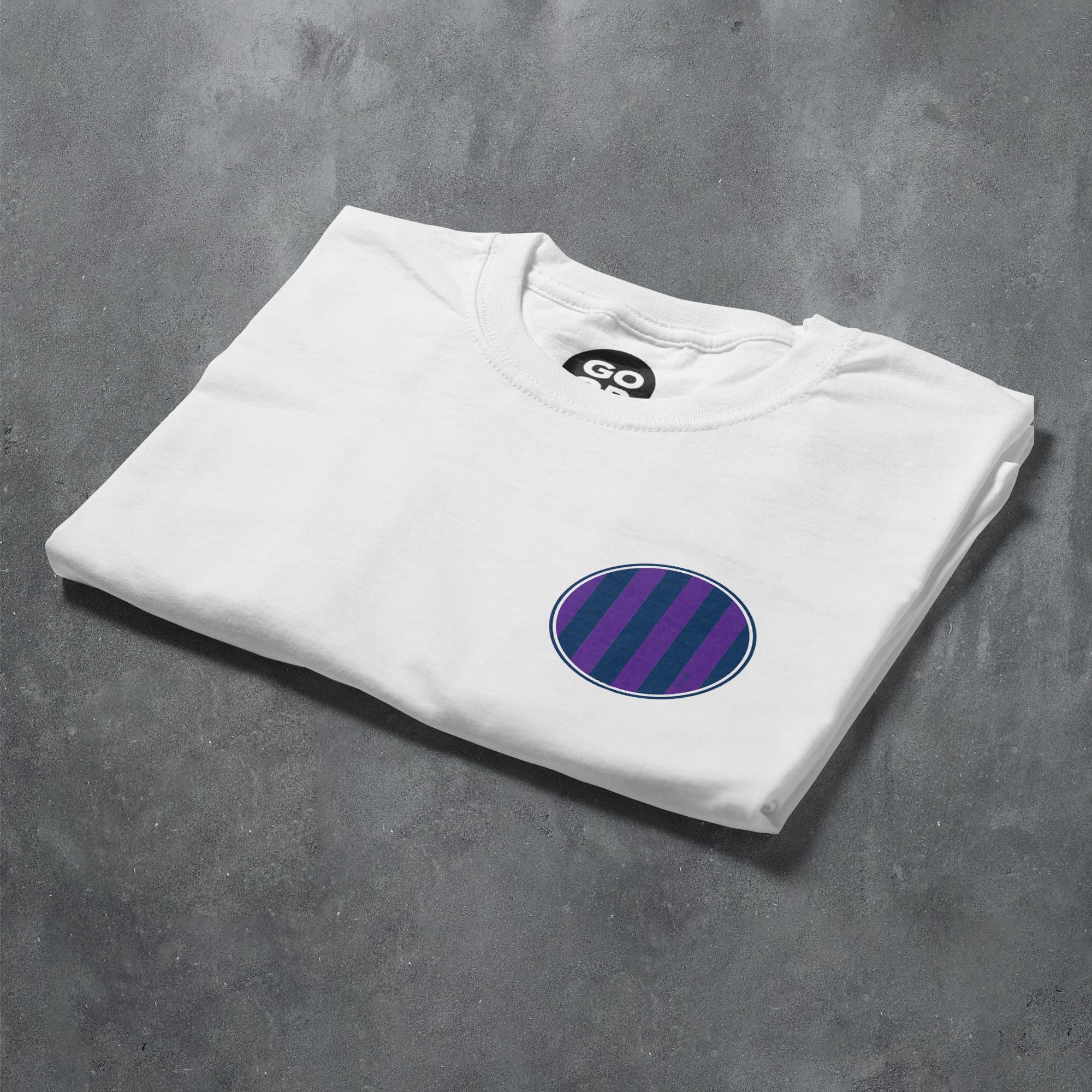 a white t - shirt with a purple circle on it