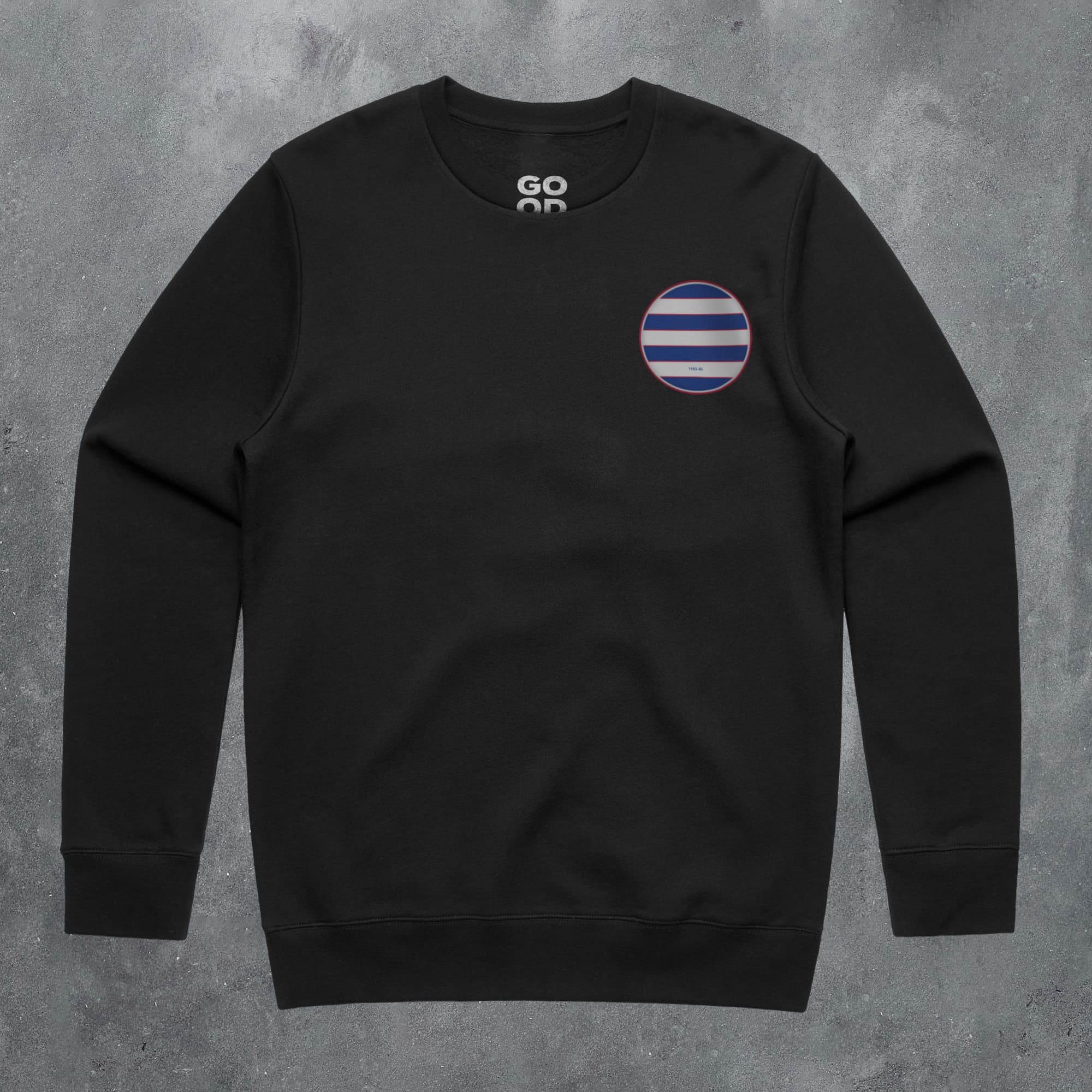 a black sweatshirt with a blue and white stripe on the chest