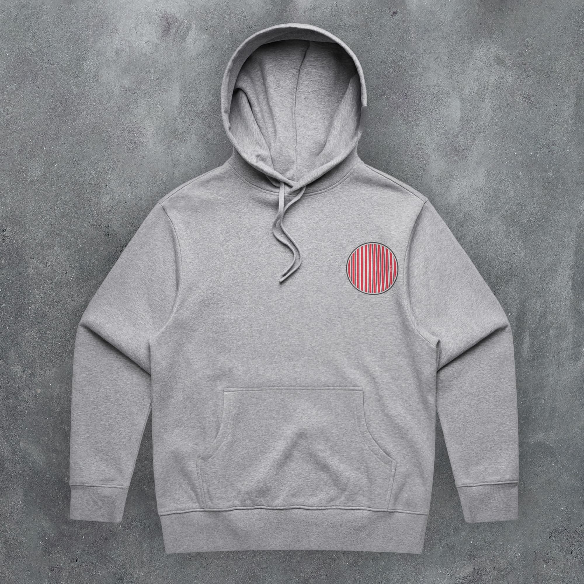 a grey hoodie with a red circle on it