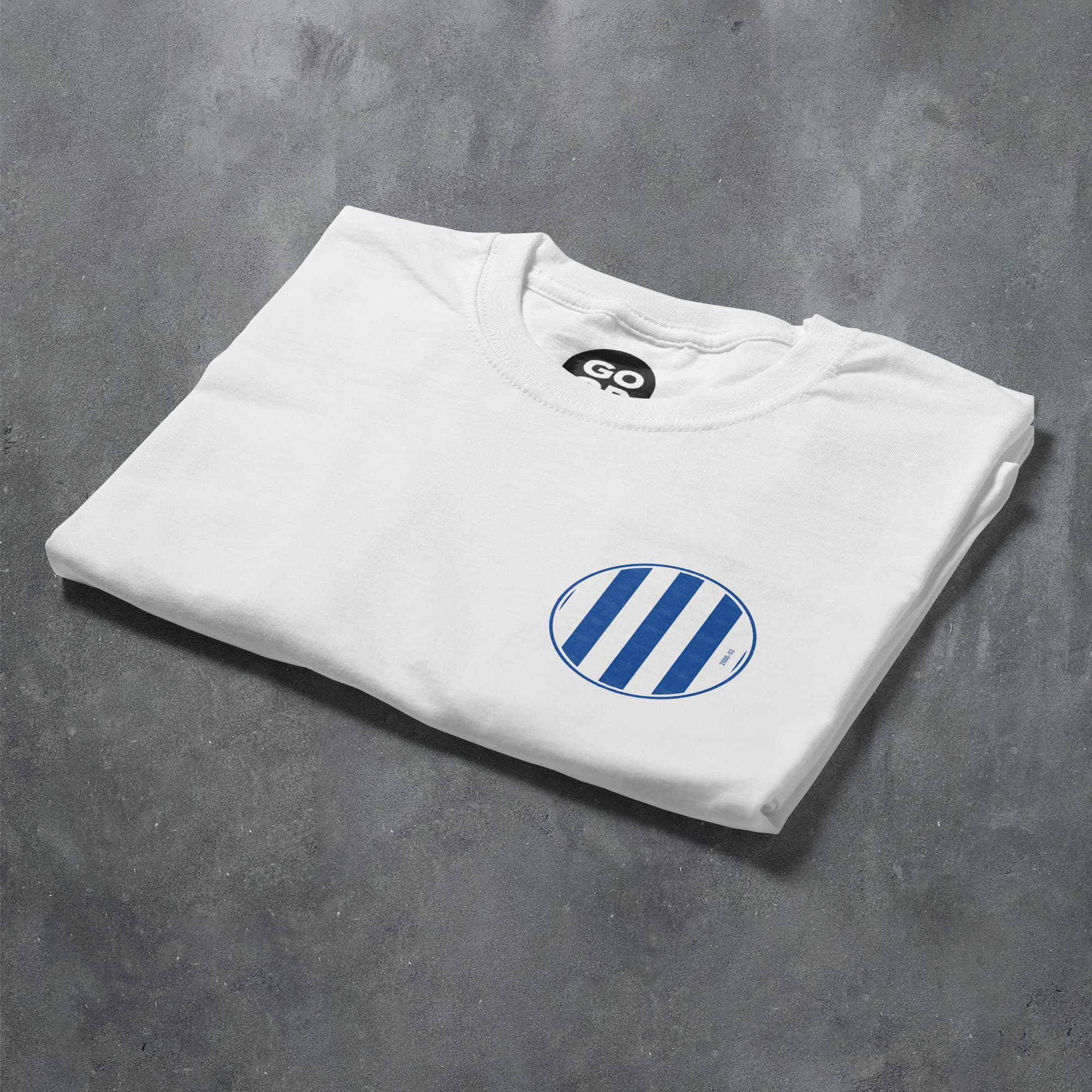 a white t - shirt with blue stripes on the chest