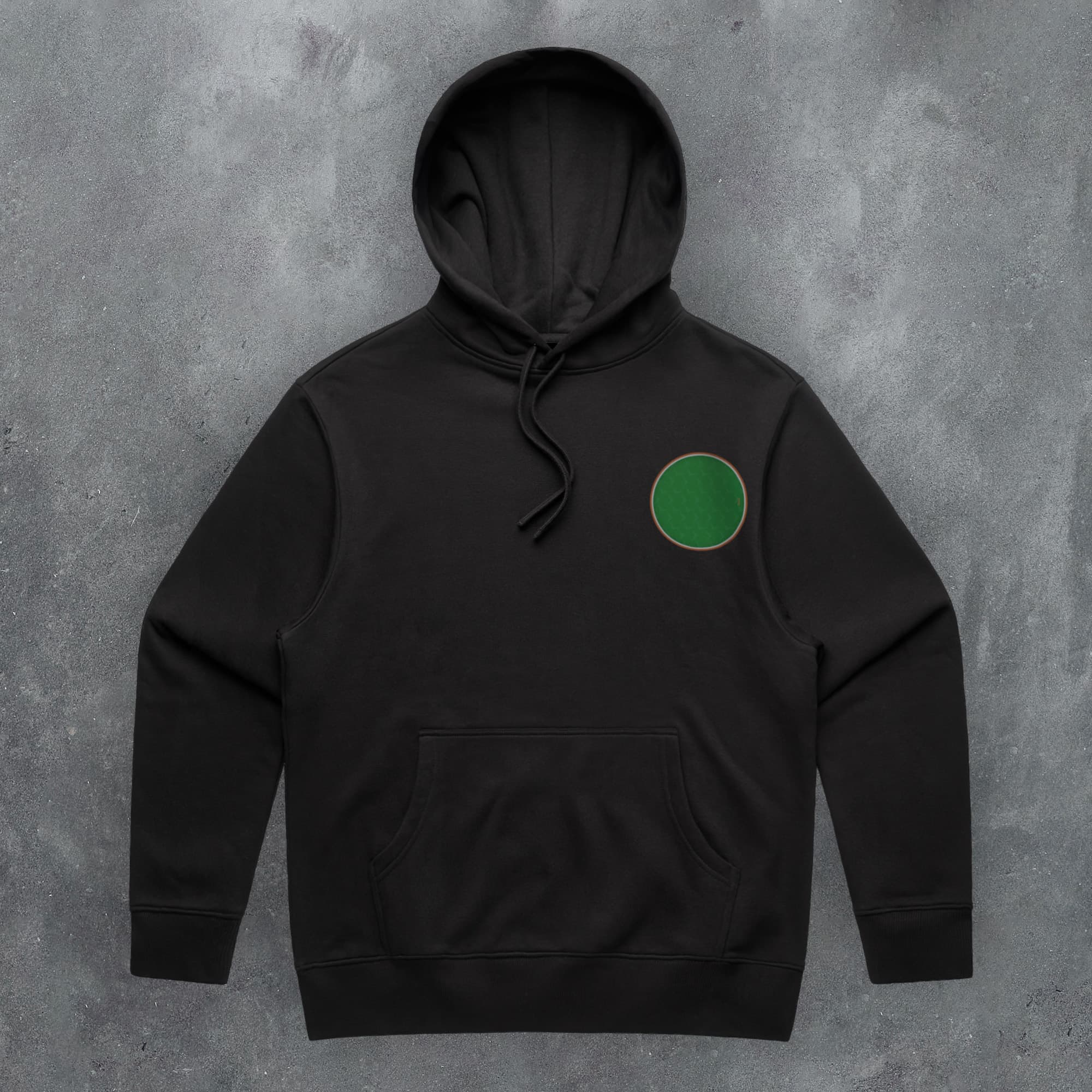 a black hoodie with a green circle on it