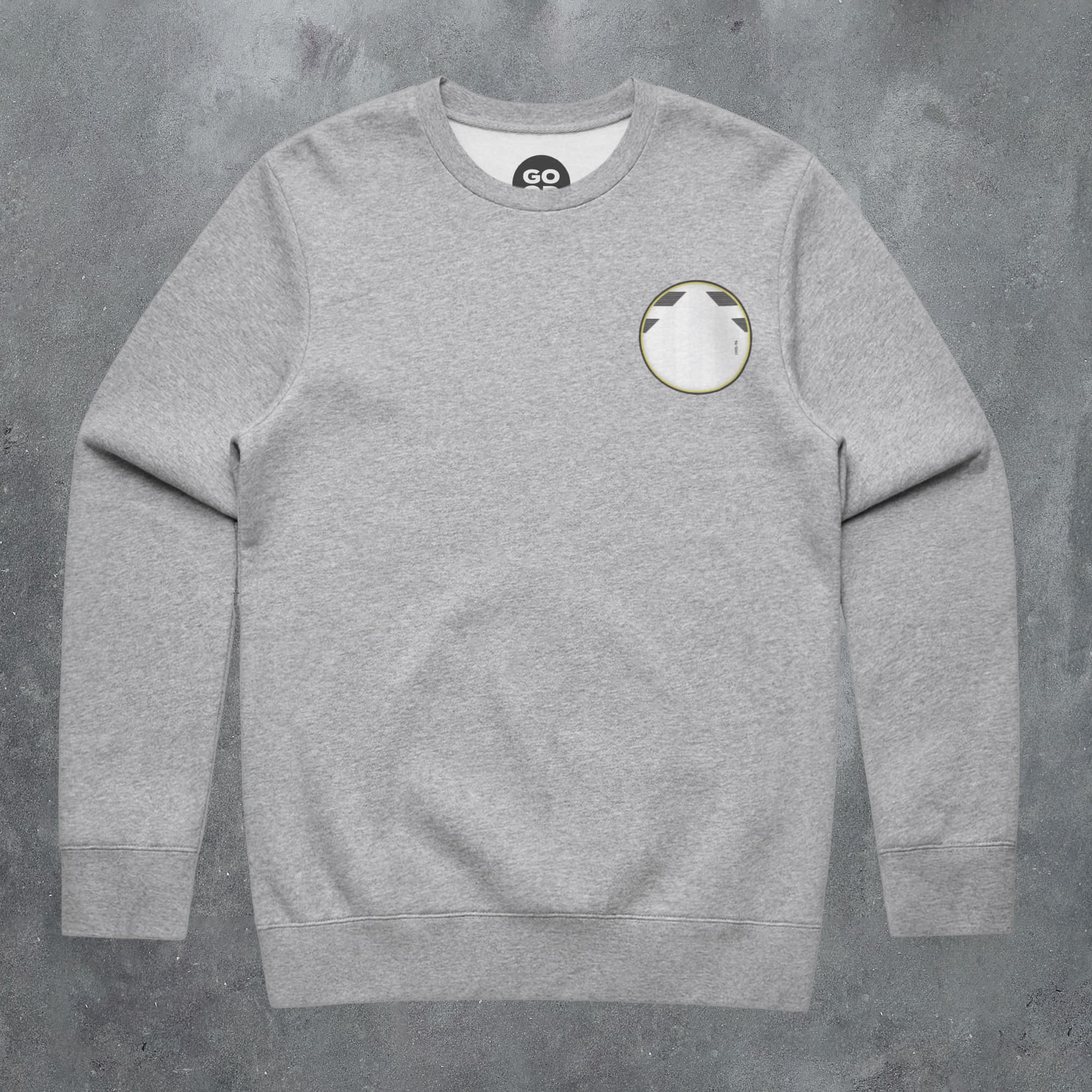 a grey sweatshirt with a white circle on it