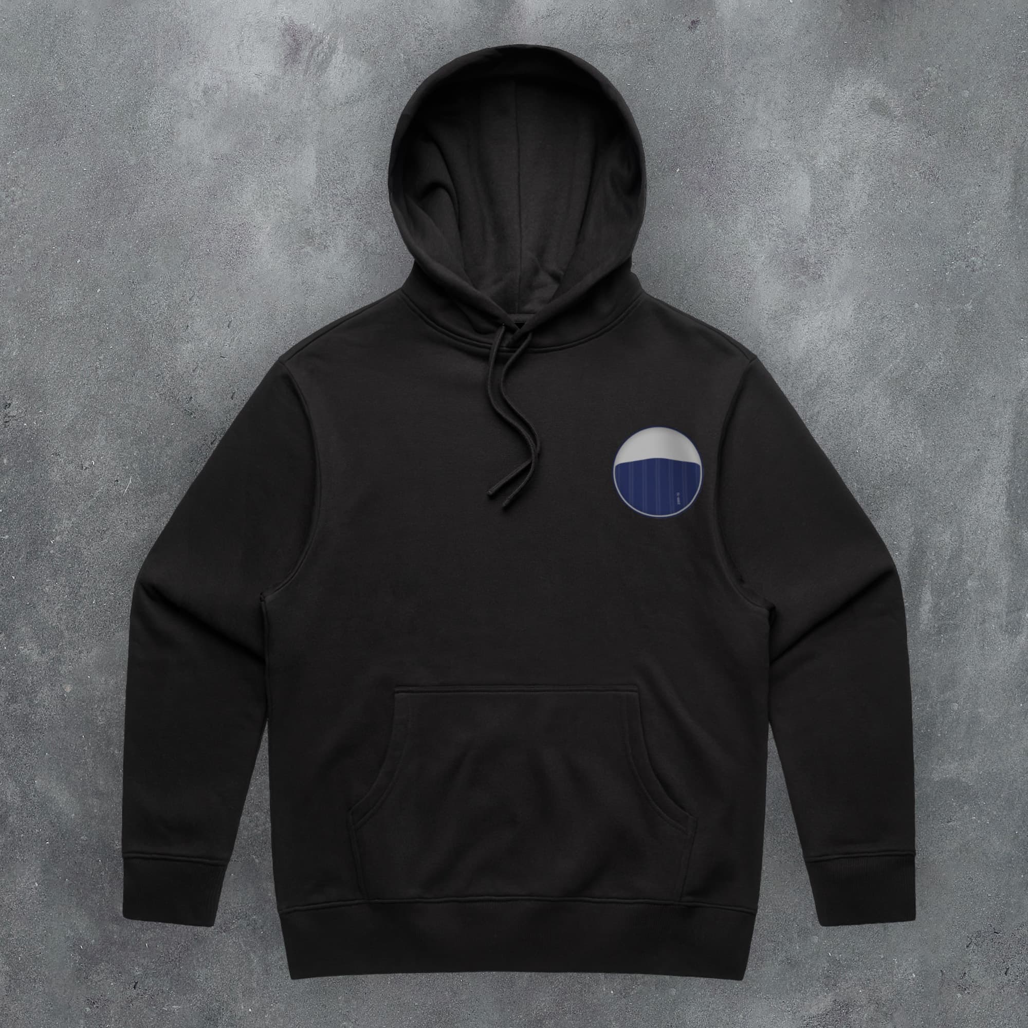 a black hoodie with a blue circle on it