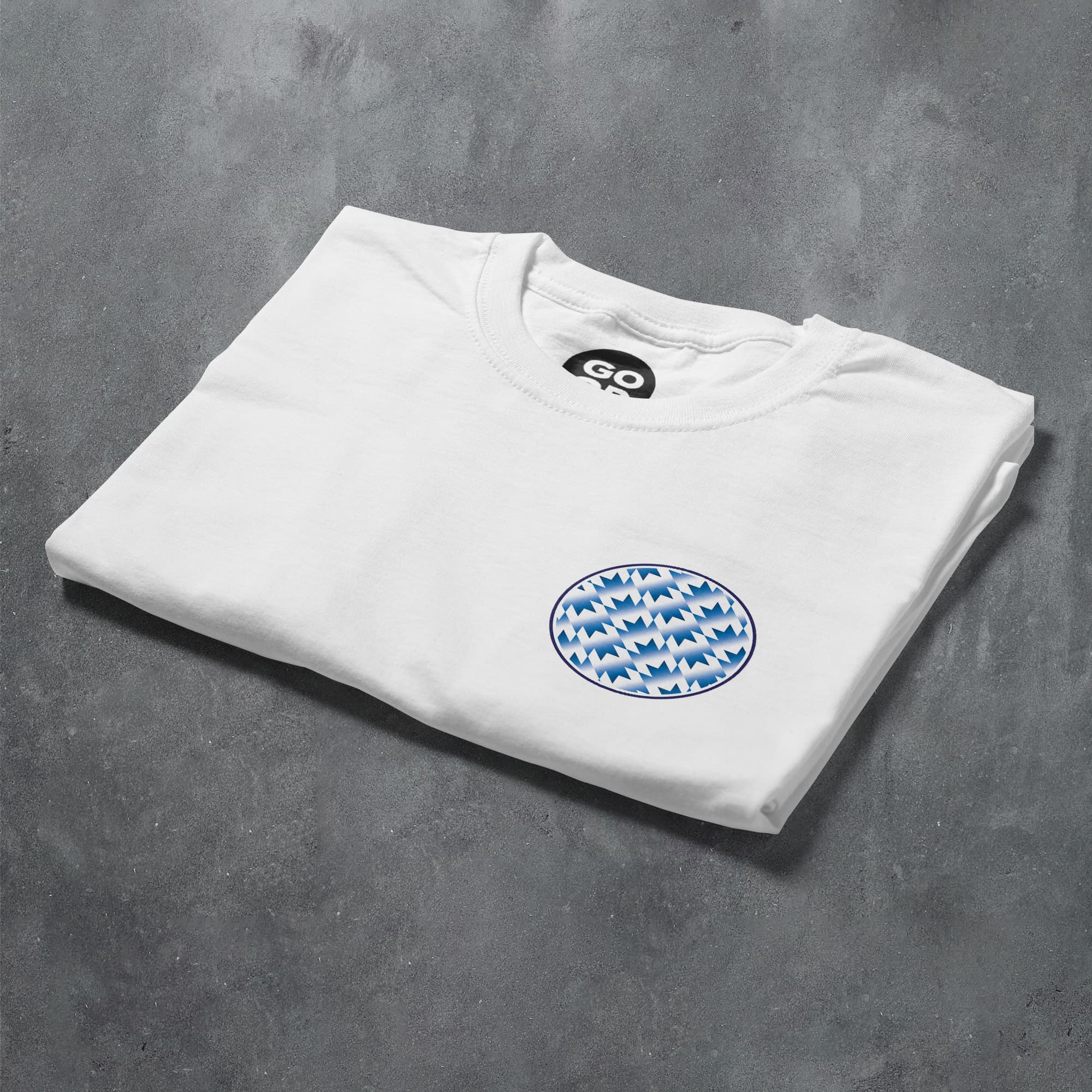 a white t - shirt with a blue and white checkered design