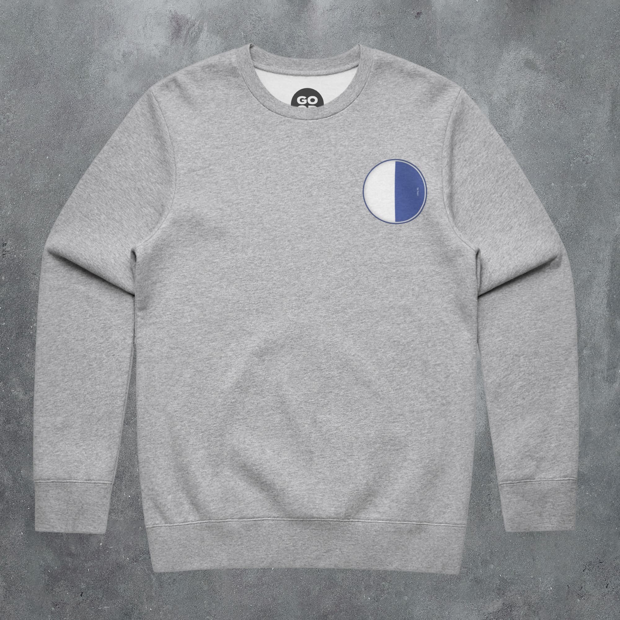 a grey sweatshirt with a blue and white circle on it