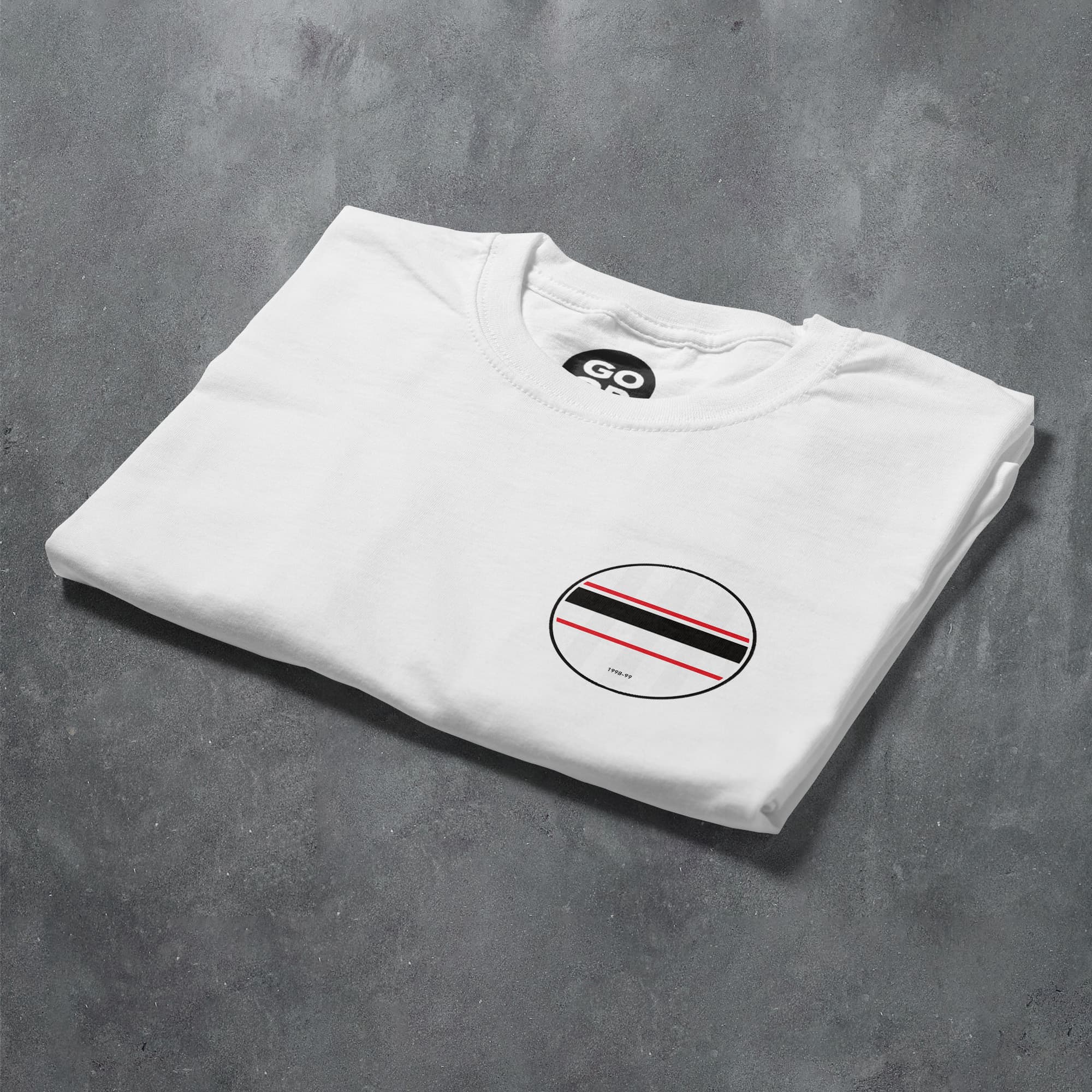 a white t - shirt with a black and red stripe on it