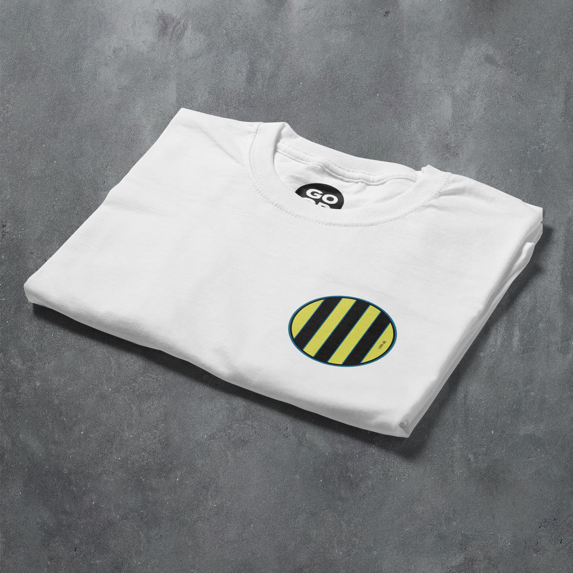 a white t - shirt with a black and yellow stripe on it