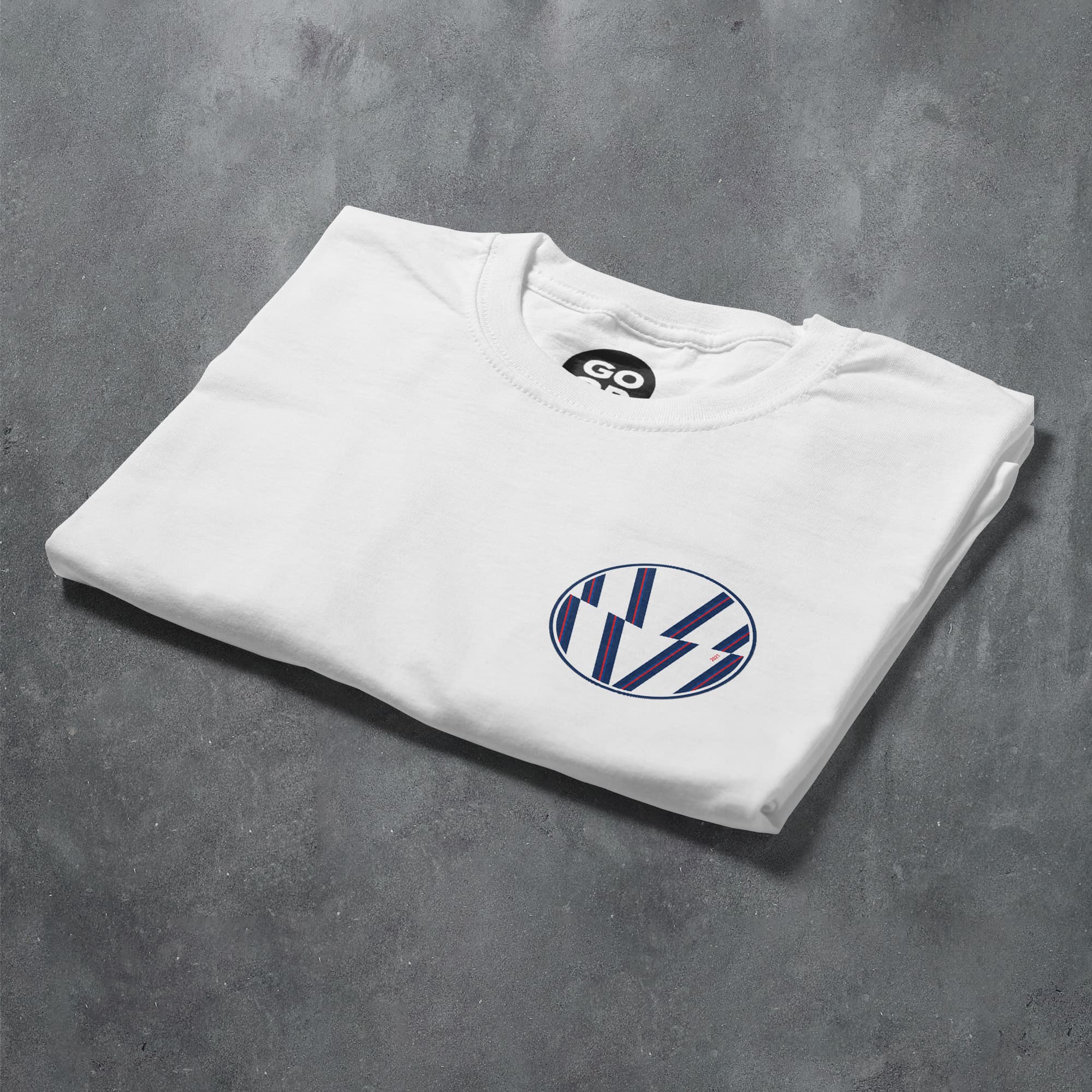 a white t - shirt with a blue and white logo