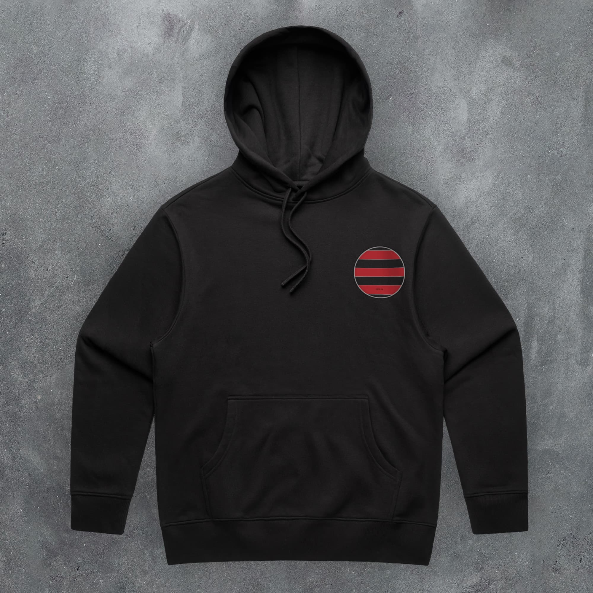 a black hoodie with a red and black stripe on it
