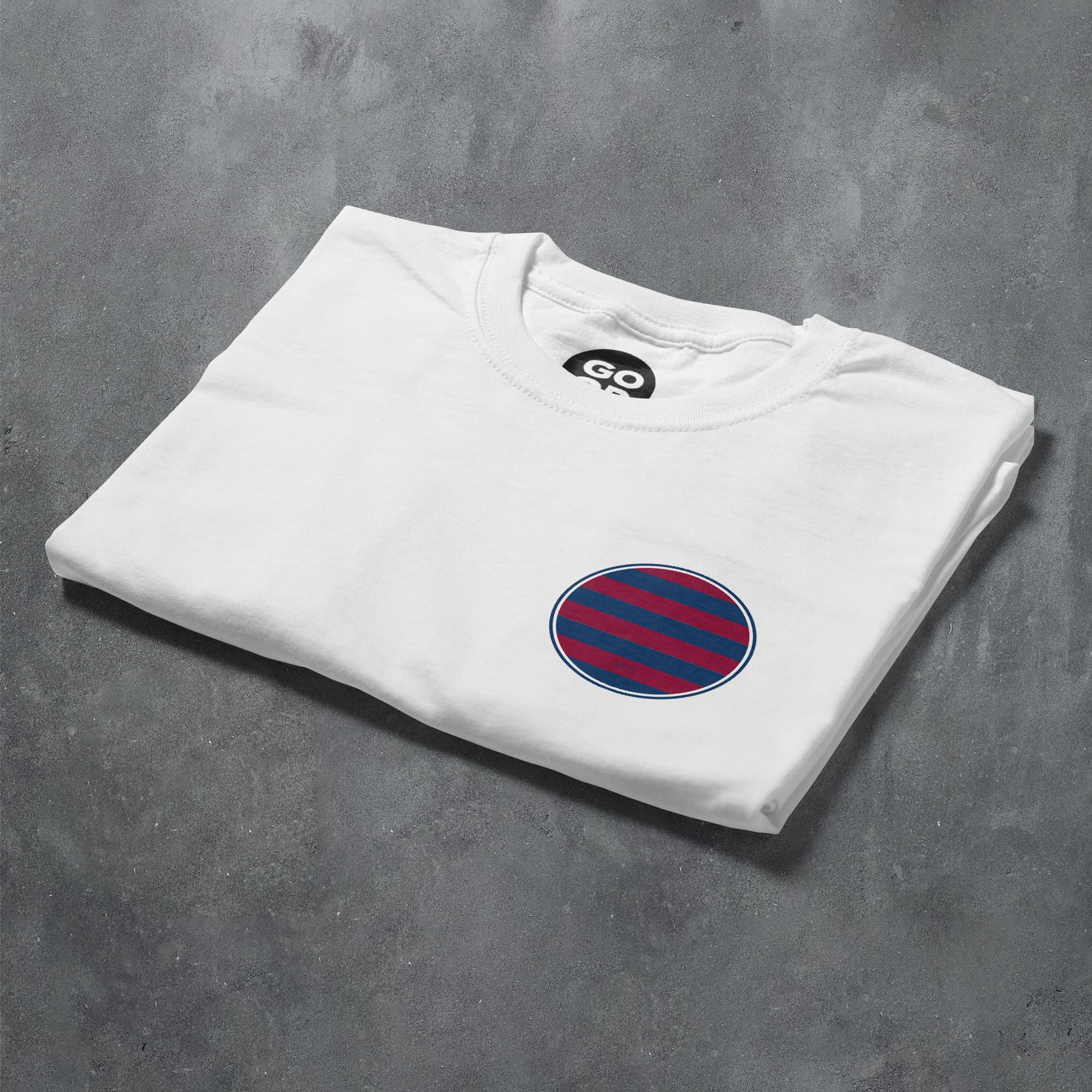 a white t - shirt with a red and blue circle on it