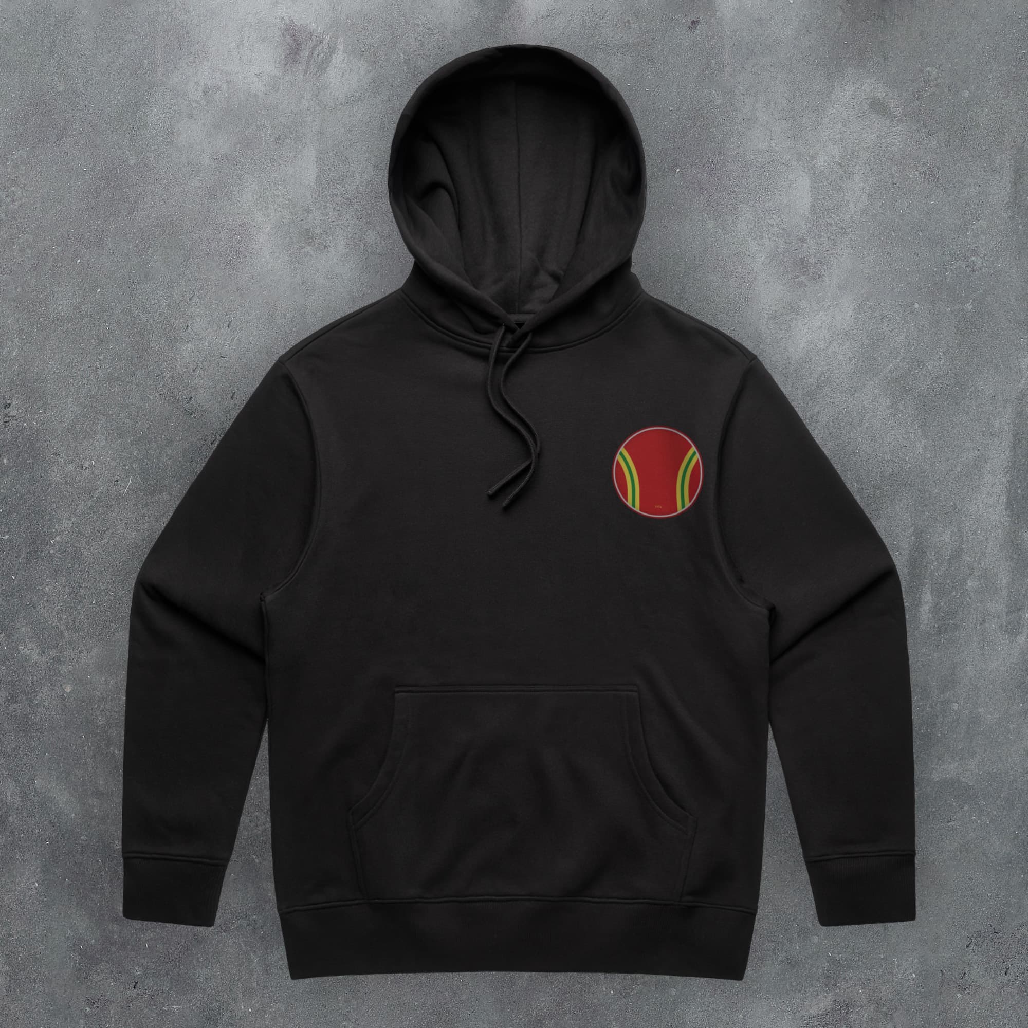 a black hoodie with a red and yellow logo