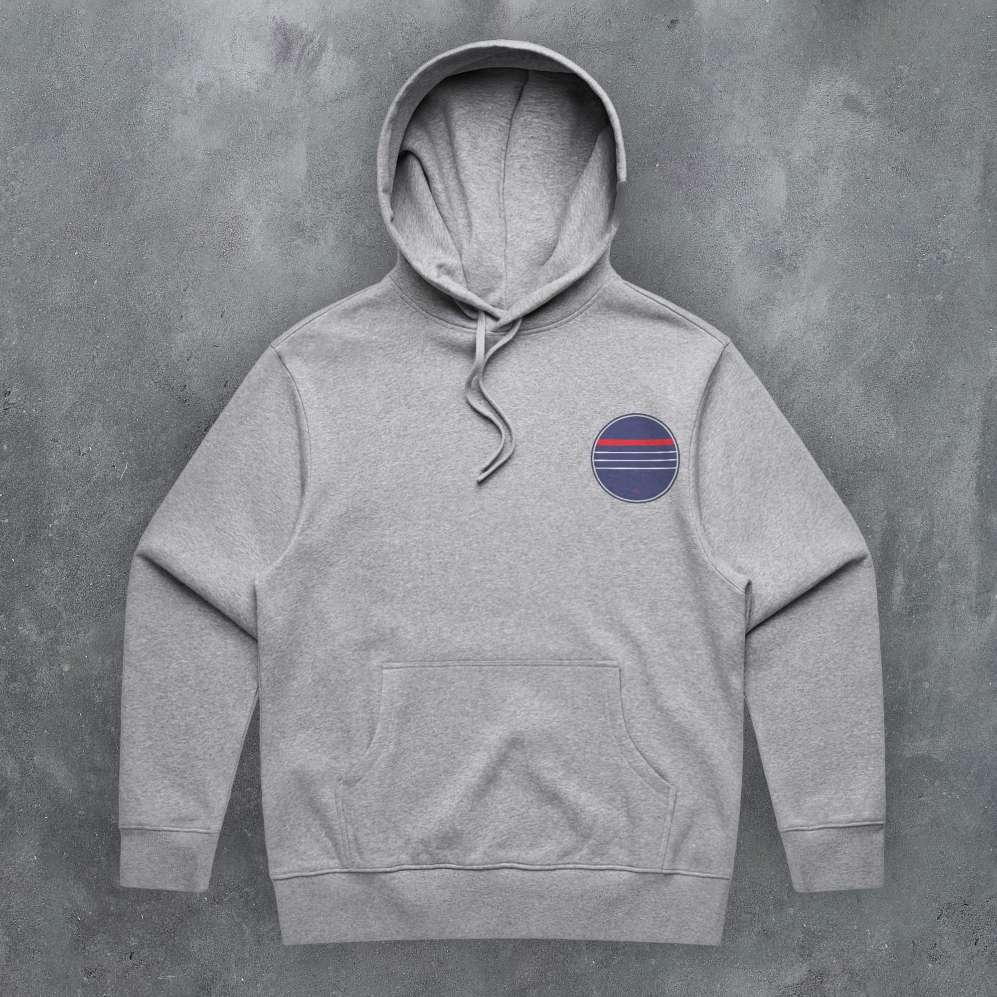 a grey hoodie with a red, white, and blue stripe on the chest