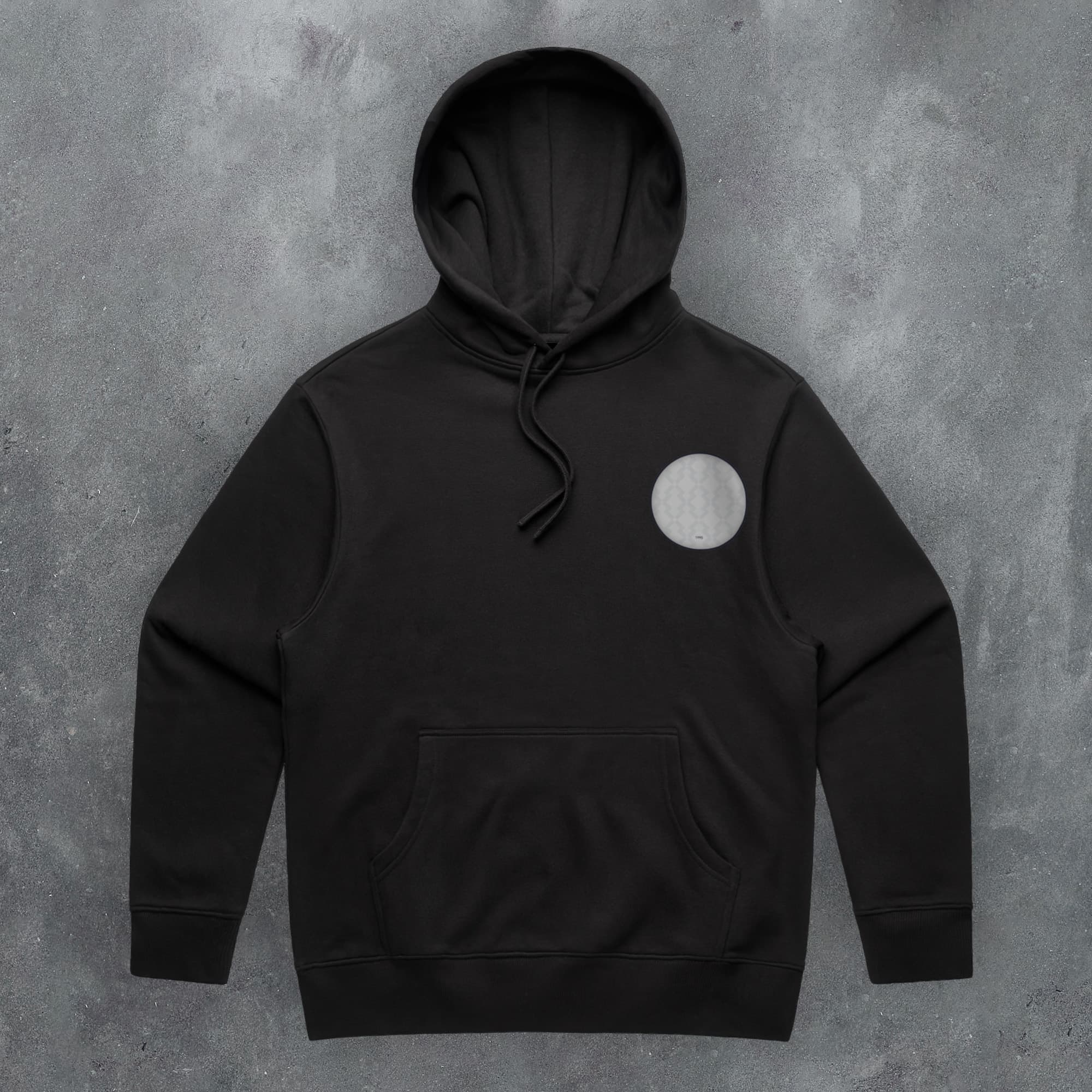 a black hoodie with a white circle on it