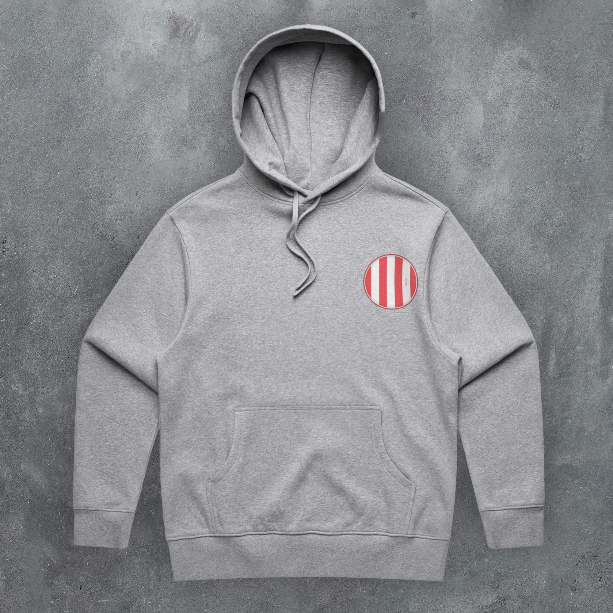 a grey hoodie with a red and white stripe on it