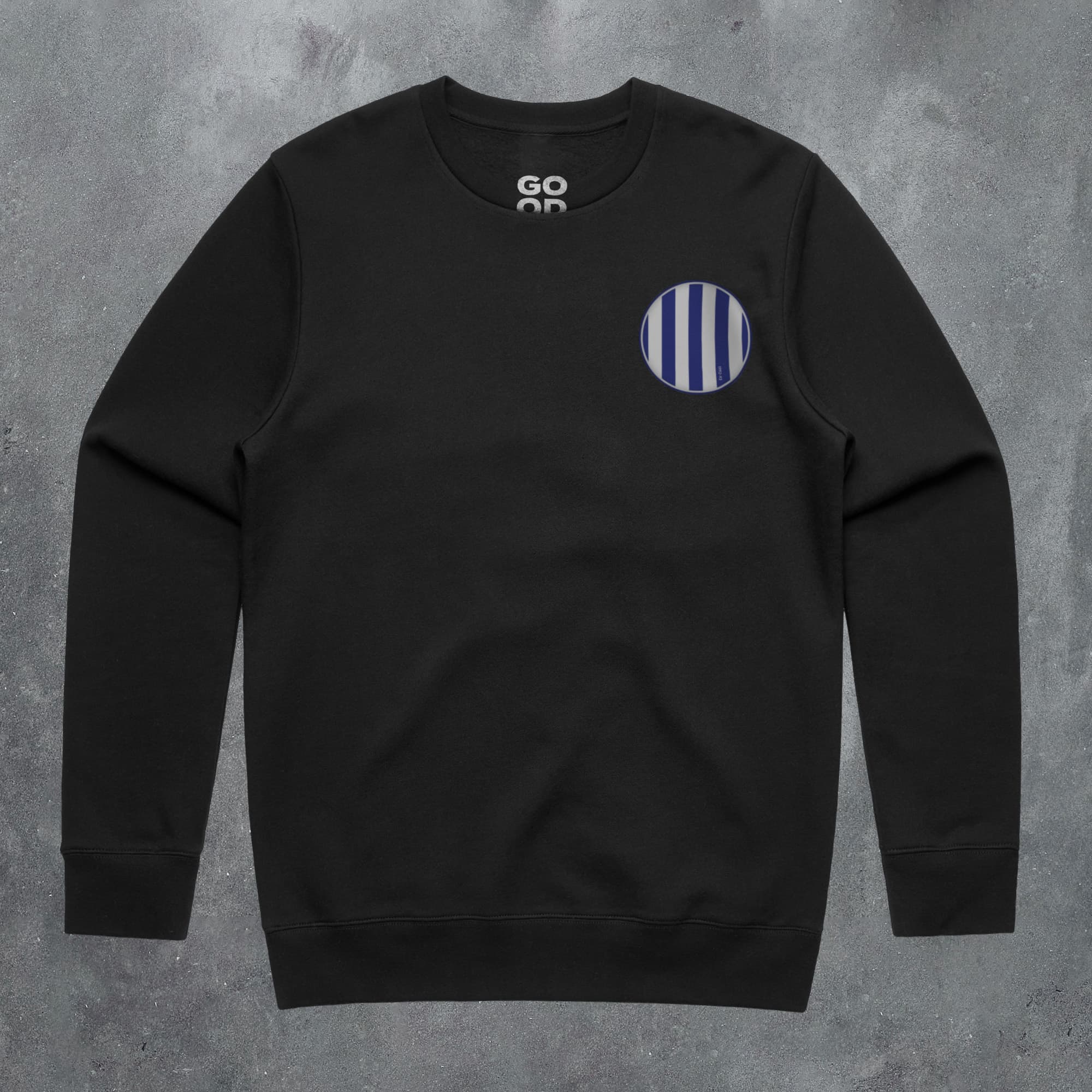 a black sweatshirt with a blue and white circle on it