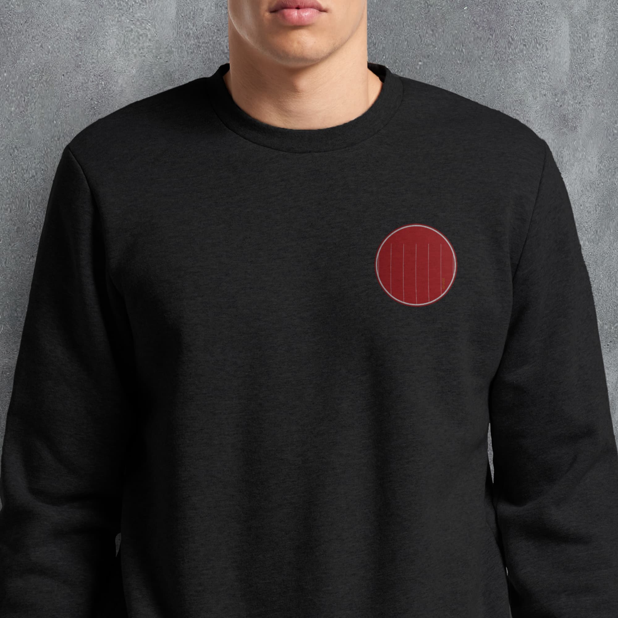 a man wearing a black sweater with a red circle on it