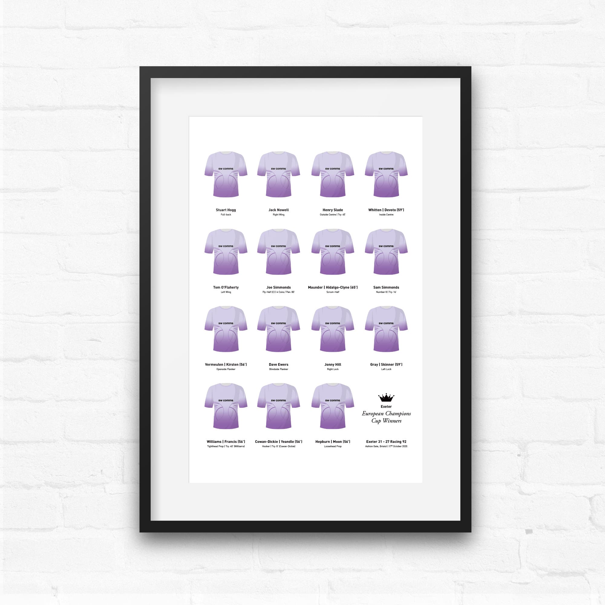 Exeter Rugby Union 2020 European Champions Cup Winners Team Print