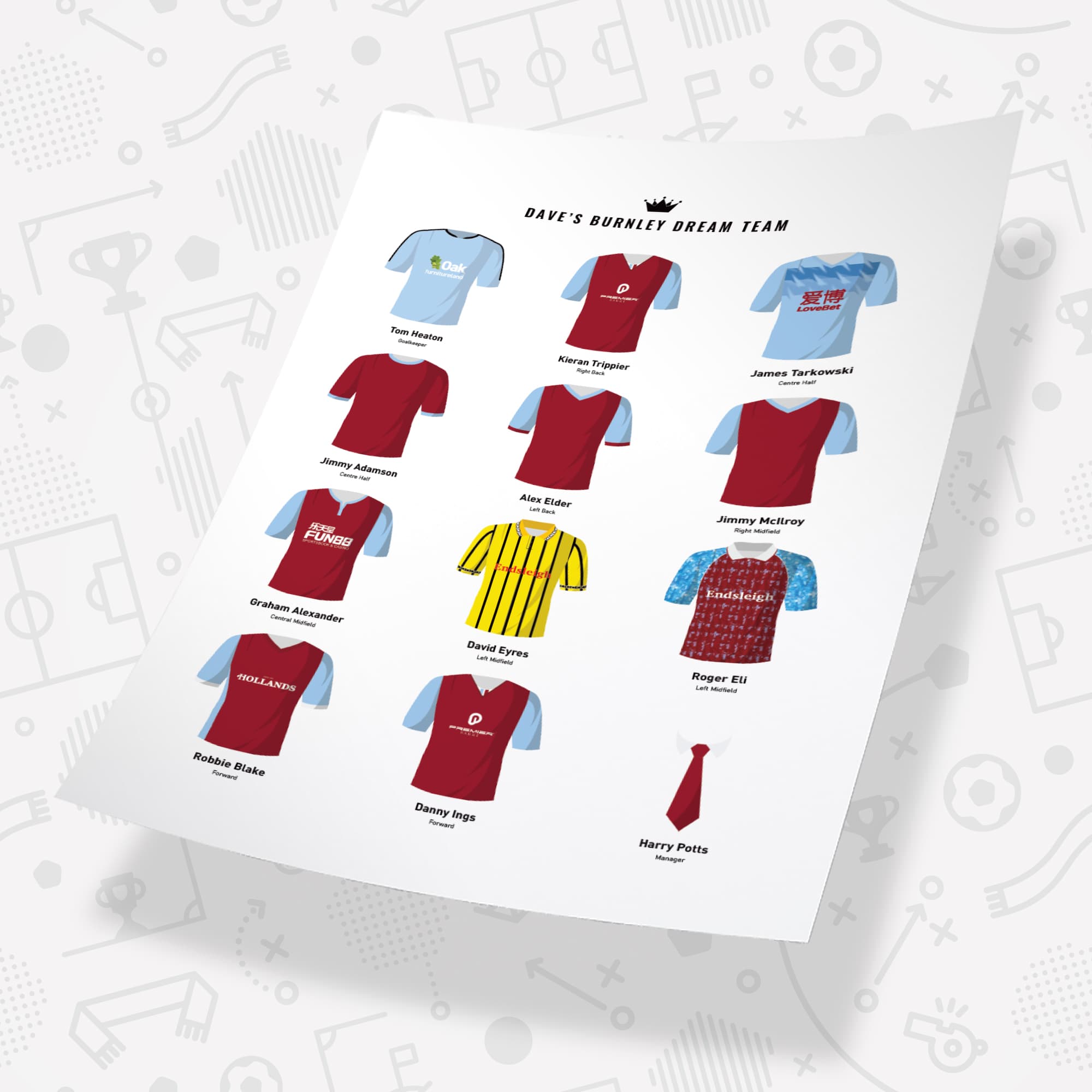 PERSONALISED Burnley Dream Team Football Print Good Team On Paper