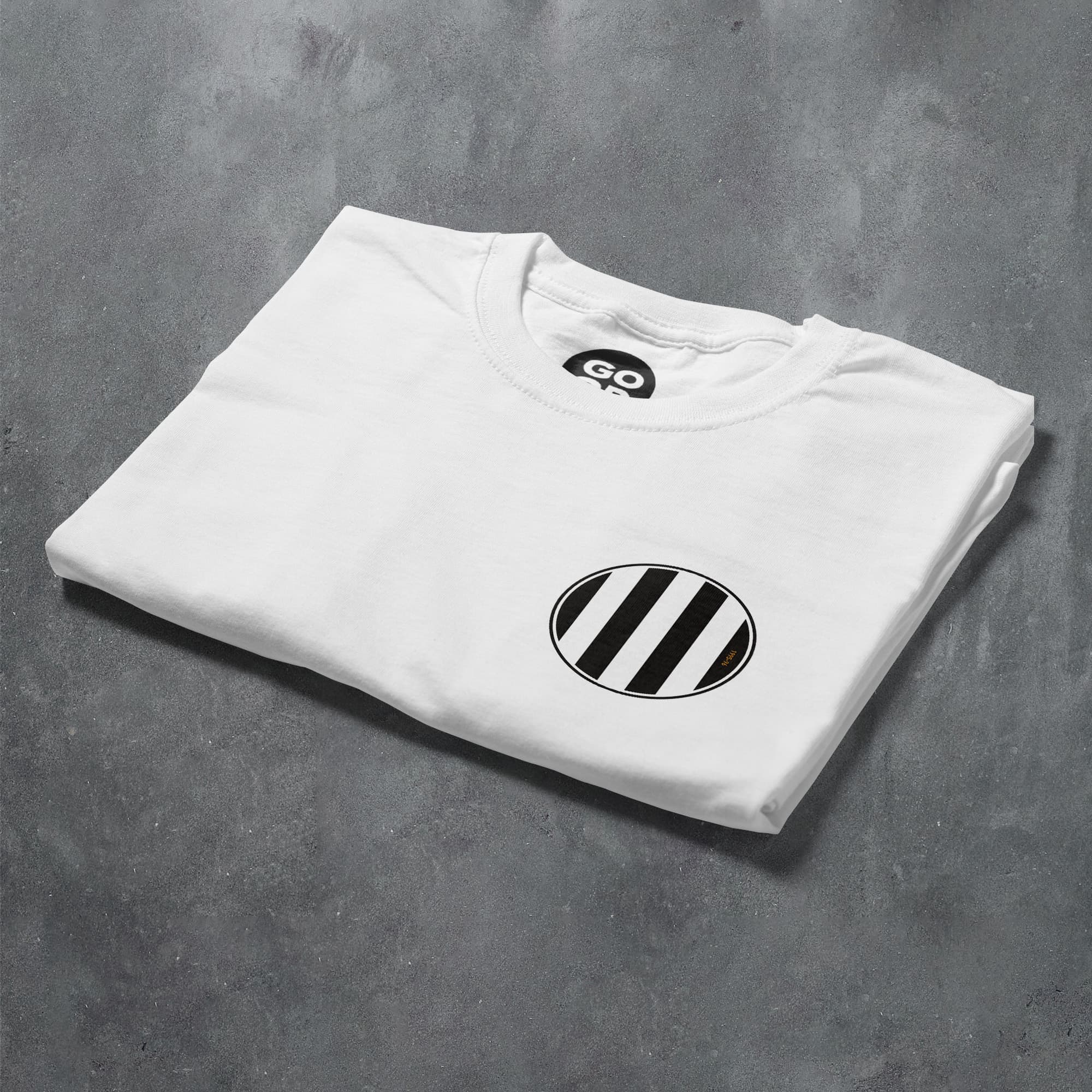 a white t - shirt with a black and white logo