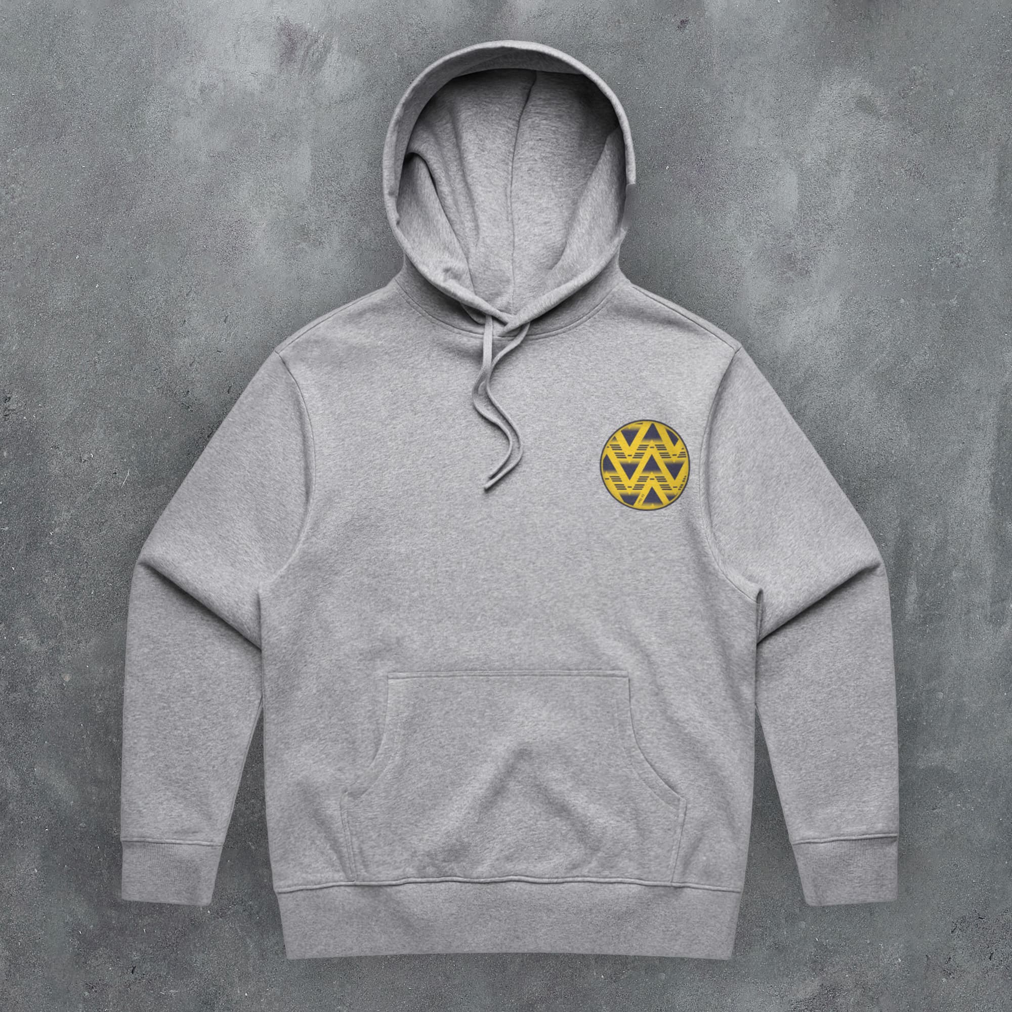 a grey hoodie with a yellow and black logo