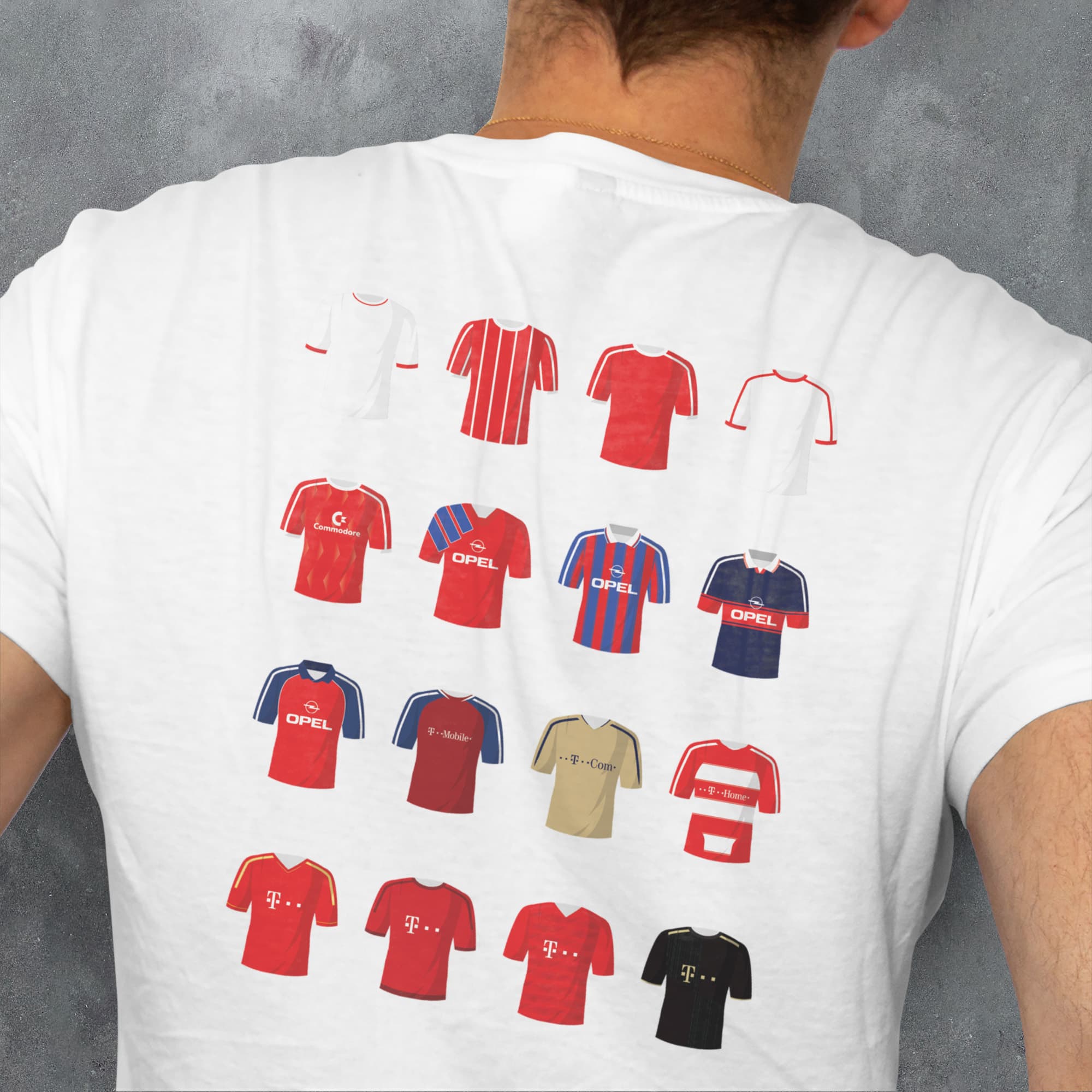 a man wearing a t - shirt with a bunch of different shirts on it